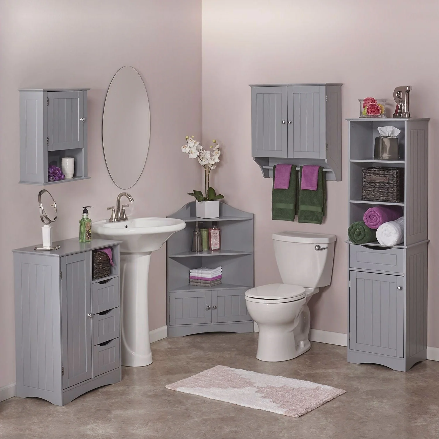 Gray 2-Door Bathroom Wall Cabinet with Towel Bar - Image 3