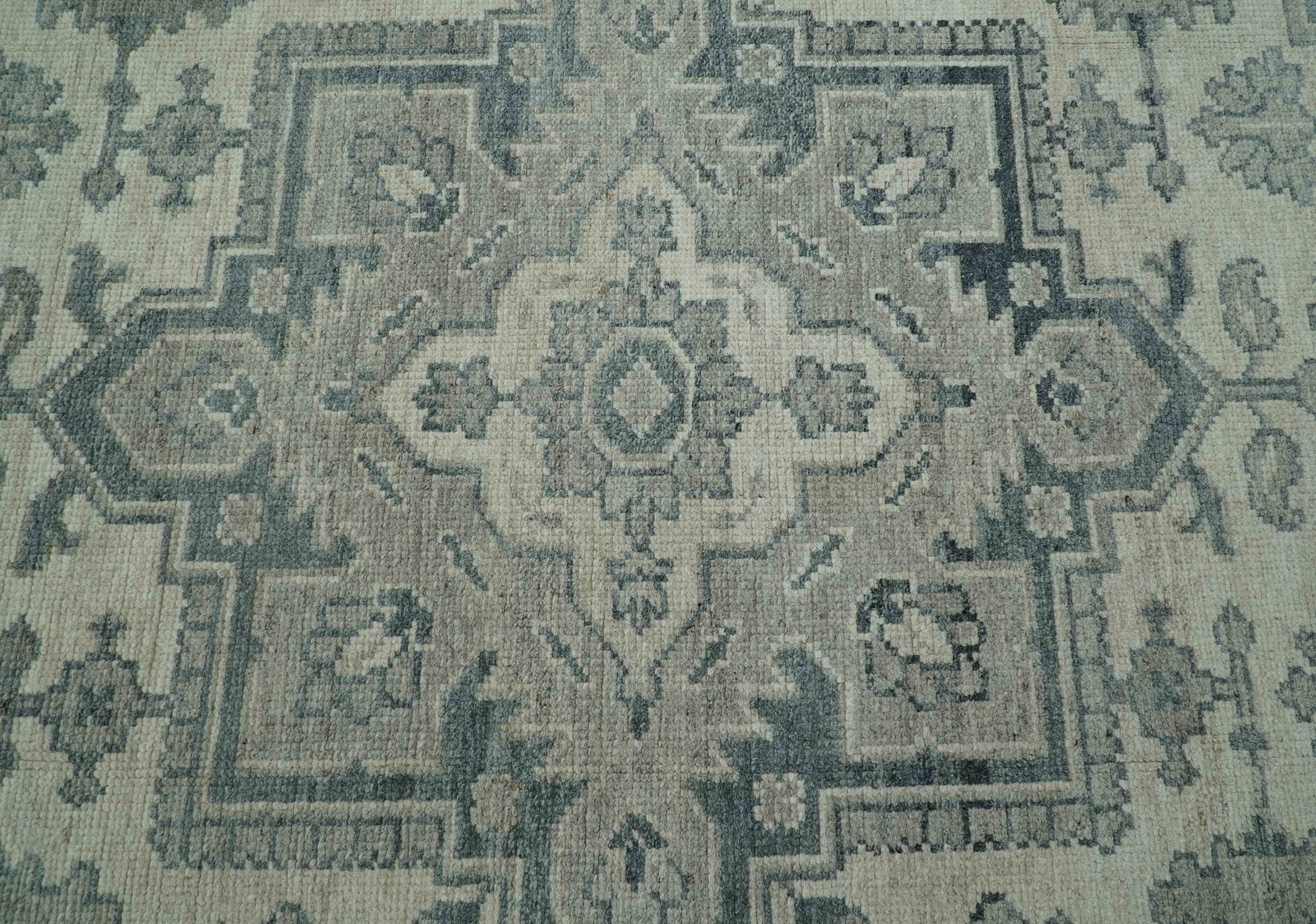 Gray And Beige Turkish Design Hand Knotted Custom Made Wool And Linen Rug - Image 6