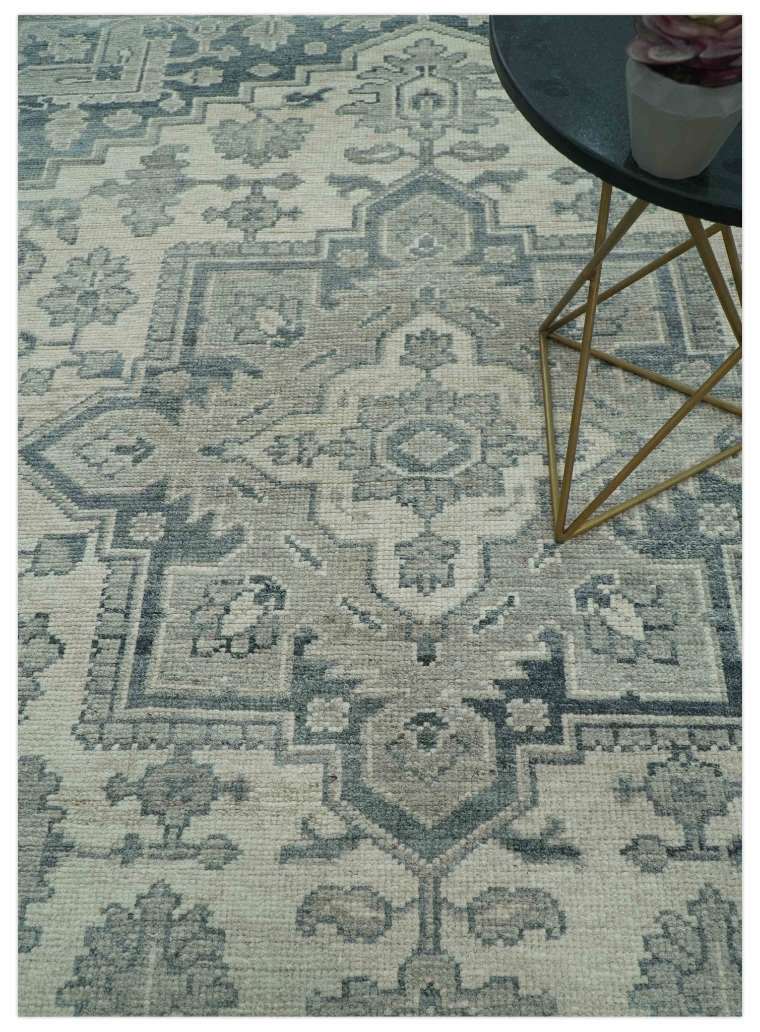 Gray And Beige Turkish Design Hand Knotted Custom Made Wool And Linen Rug - Image 8