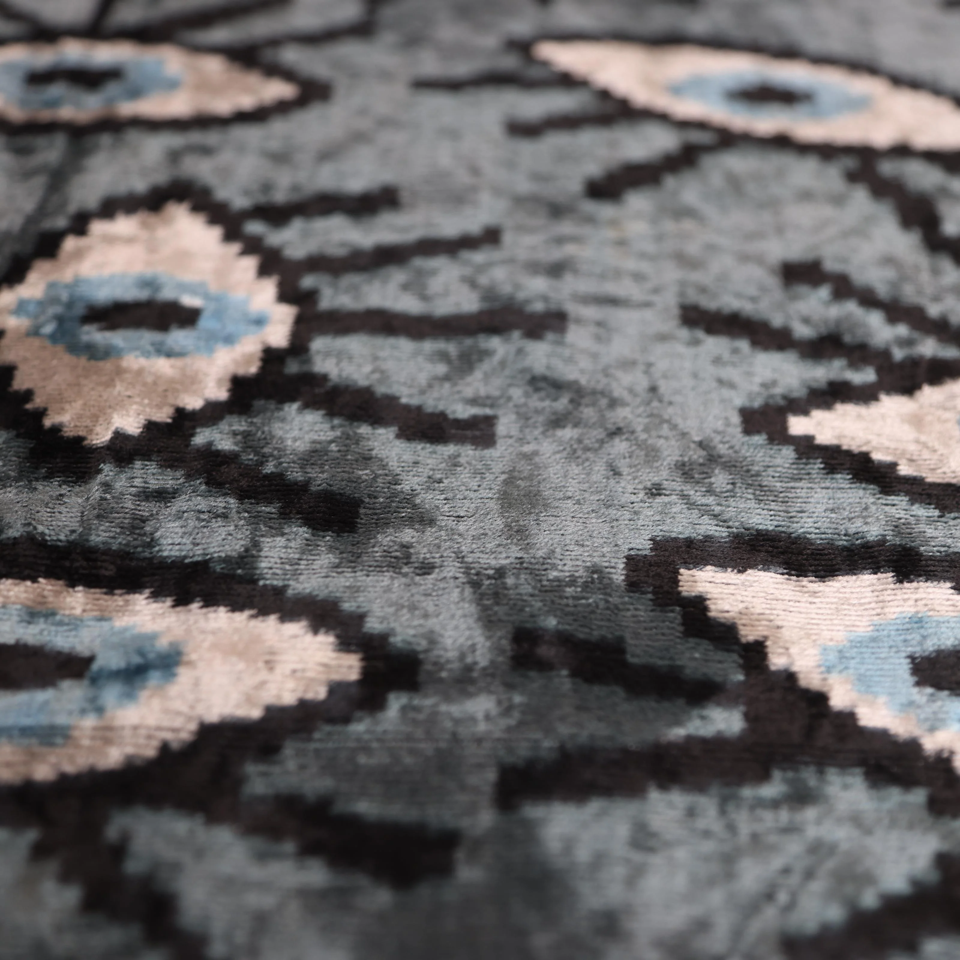 Gray Blue Eye Silk Velvet Lumbar Pillow – 16x24 Handmade Ikat Luxury Cushion - Image 3