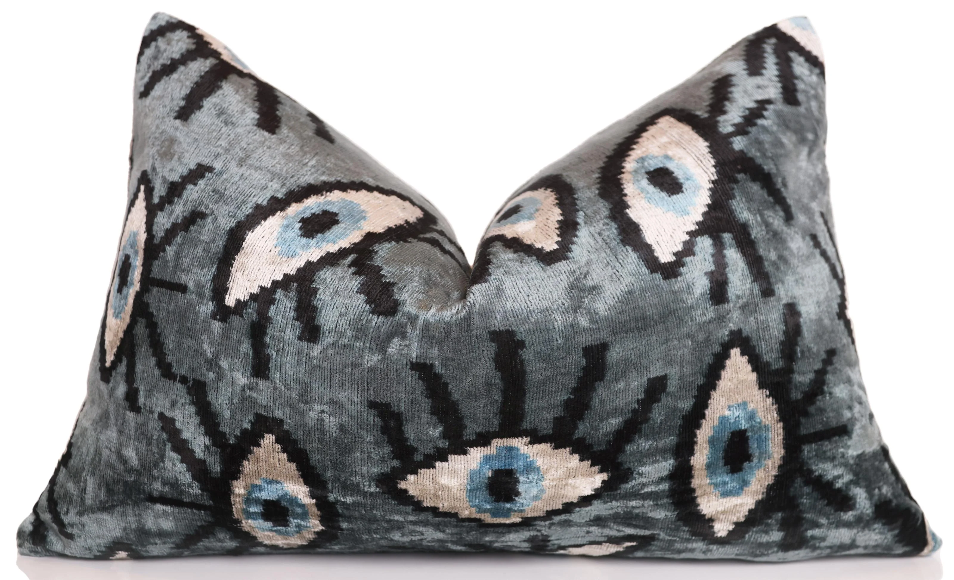 Gray Blue Eye Silk Velvet Lumbar Pillow – 16x24 Handmade Ikat Luxury Cushion - Image 5