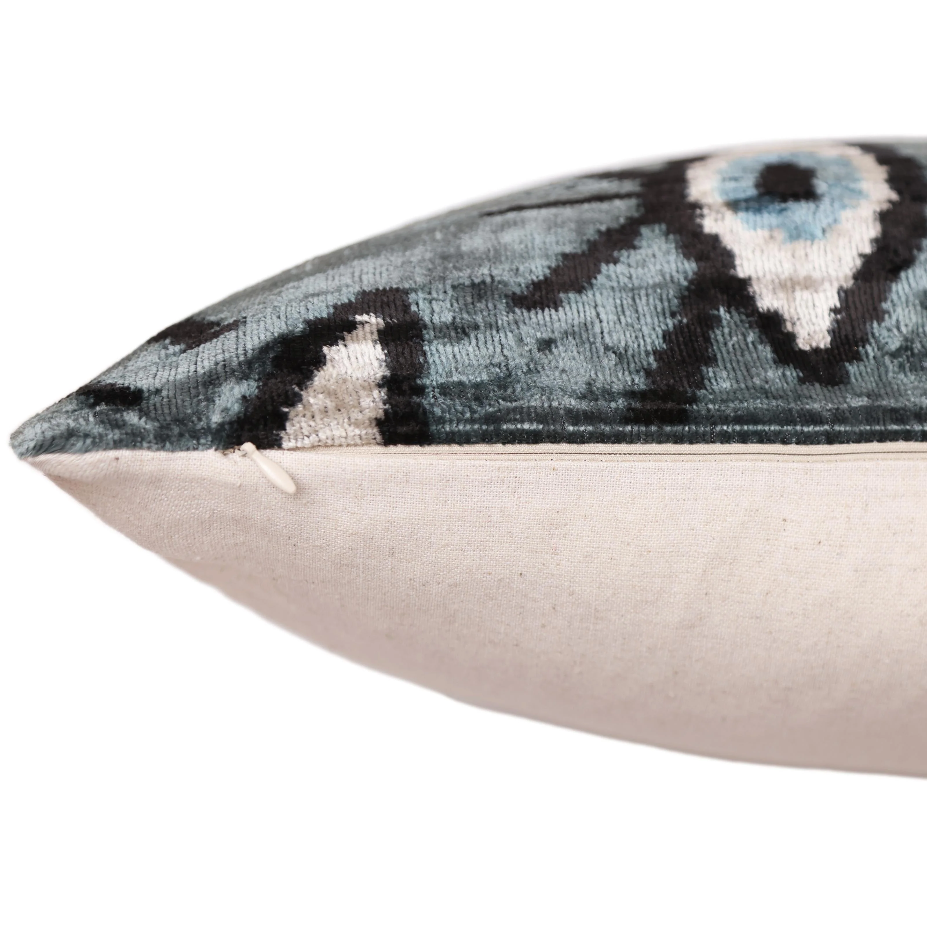Gray Blue Eye Silk Velvet Lumbar Pillow – 16x24 Handmade Ikat Luxury Cushion - Image 6
