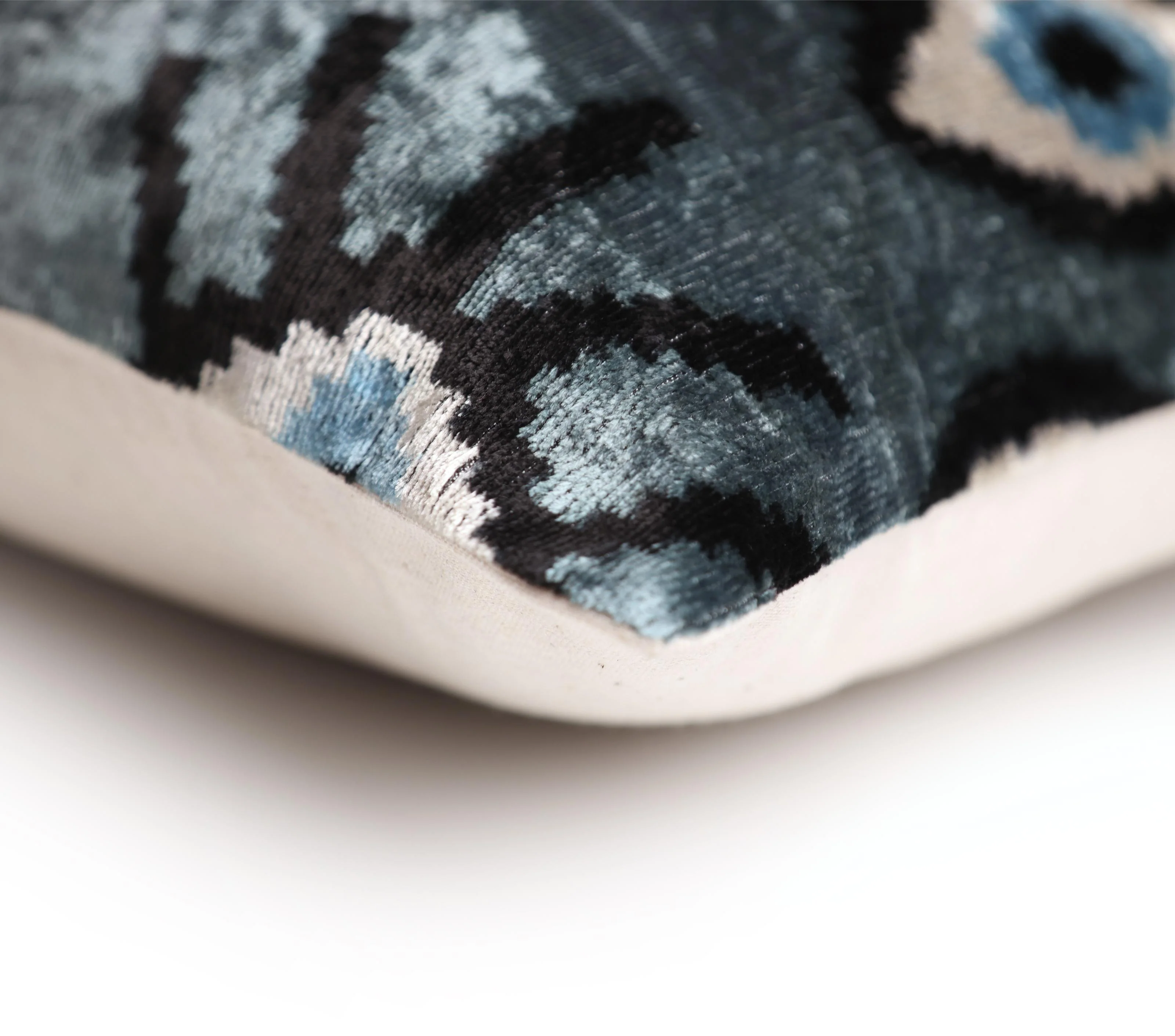 Gray Blue Eye Silk Velvet Lumbar Pillow – 16x24 Handmade Ikat Luxury Cushion - Image 8