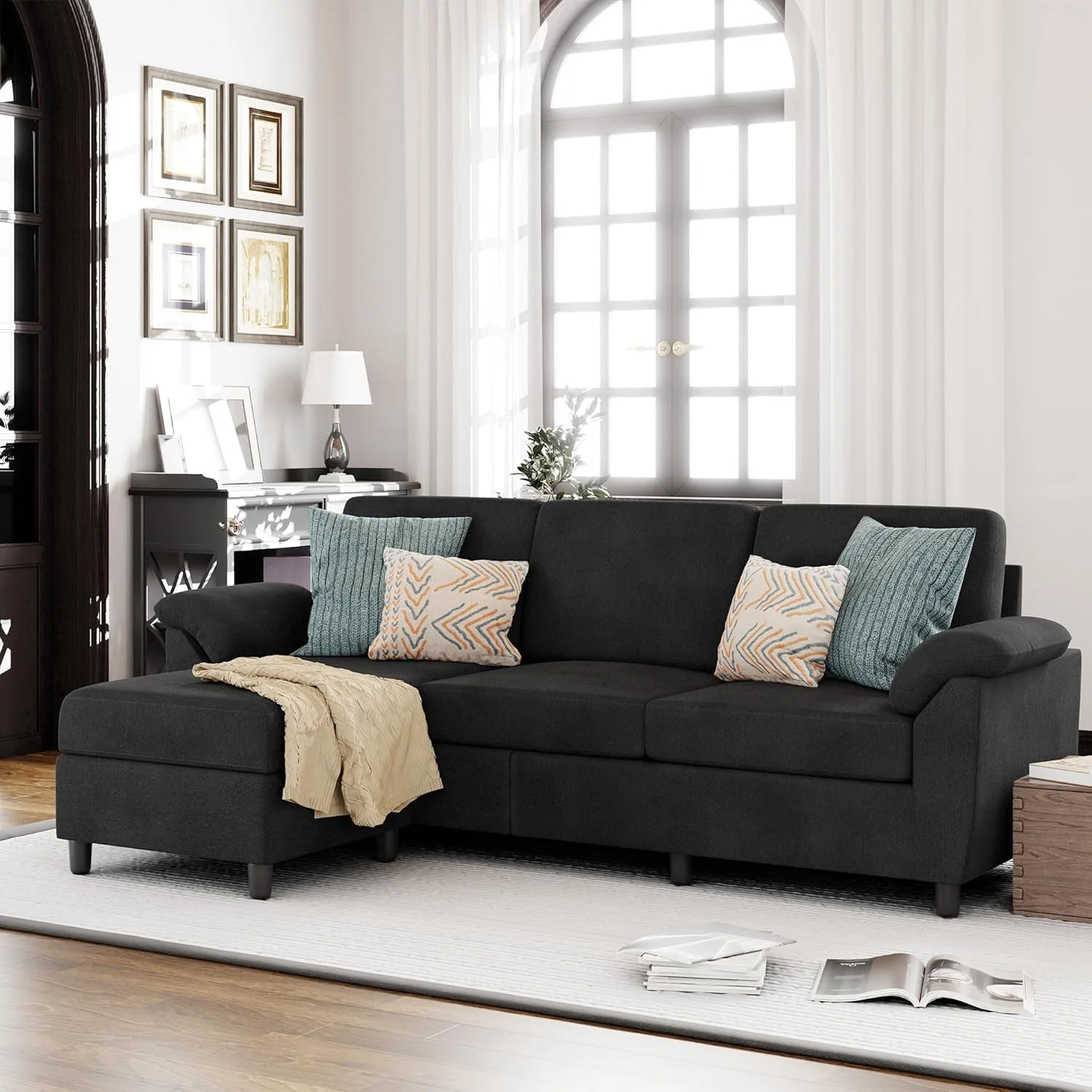 Gray Linen Sectional Sofa with Pillows - Image 10