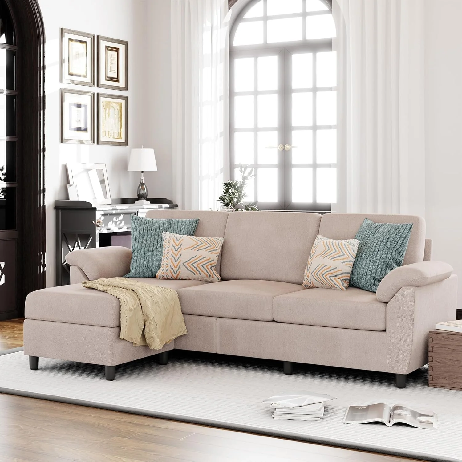 Gray Linen Sectional Sofa with Pillows - Image 11