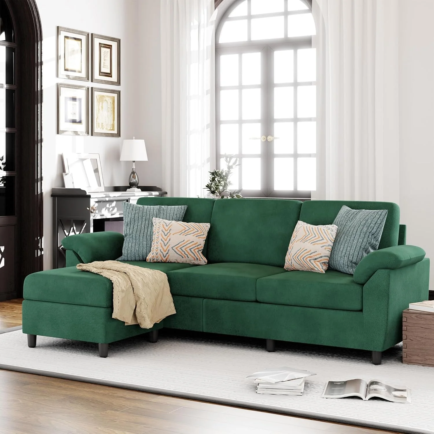 Gray Linen Sectional Sofa with Pillows - Image 12