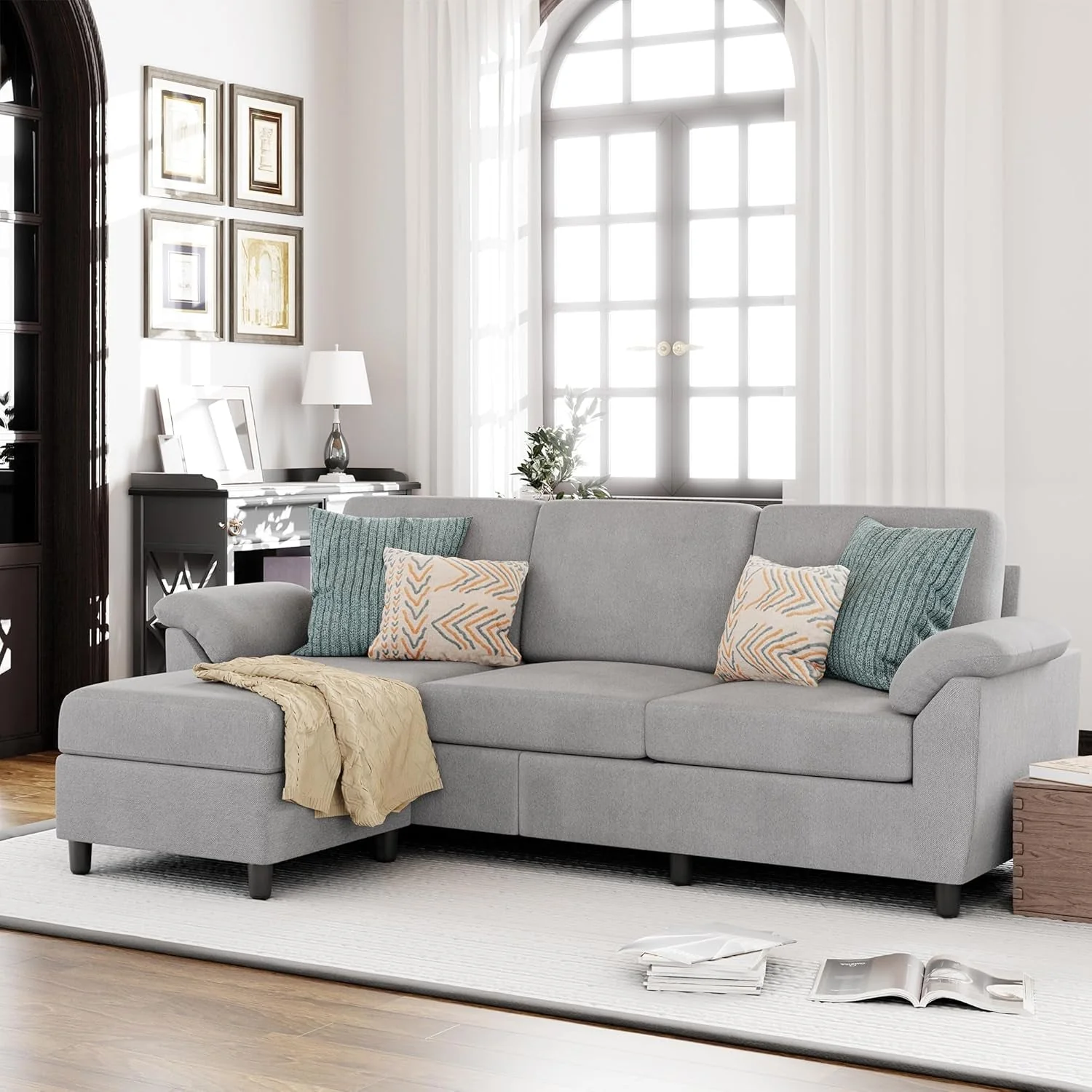 Gray Linen Sectional Sofa with Pillows - Image 13