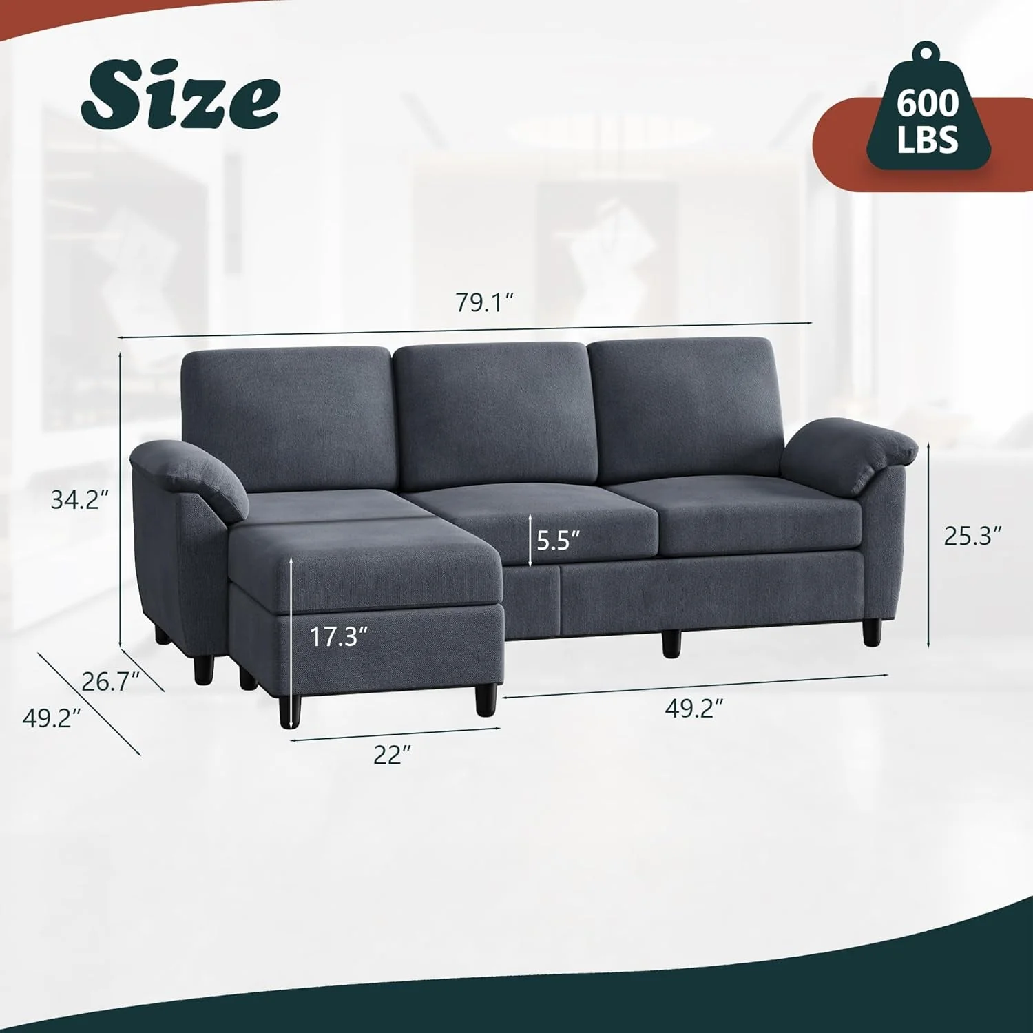 Gray Linen Sectional Sofa with Pillows - Image 2