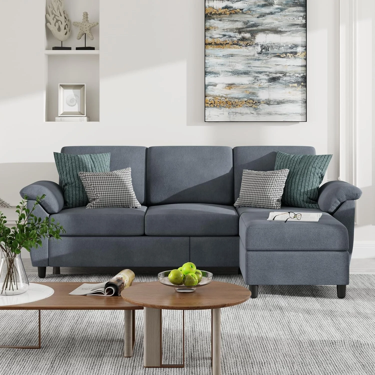 Gray Linen Sectional Sofa with Pillows - Image 3