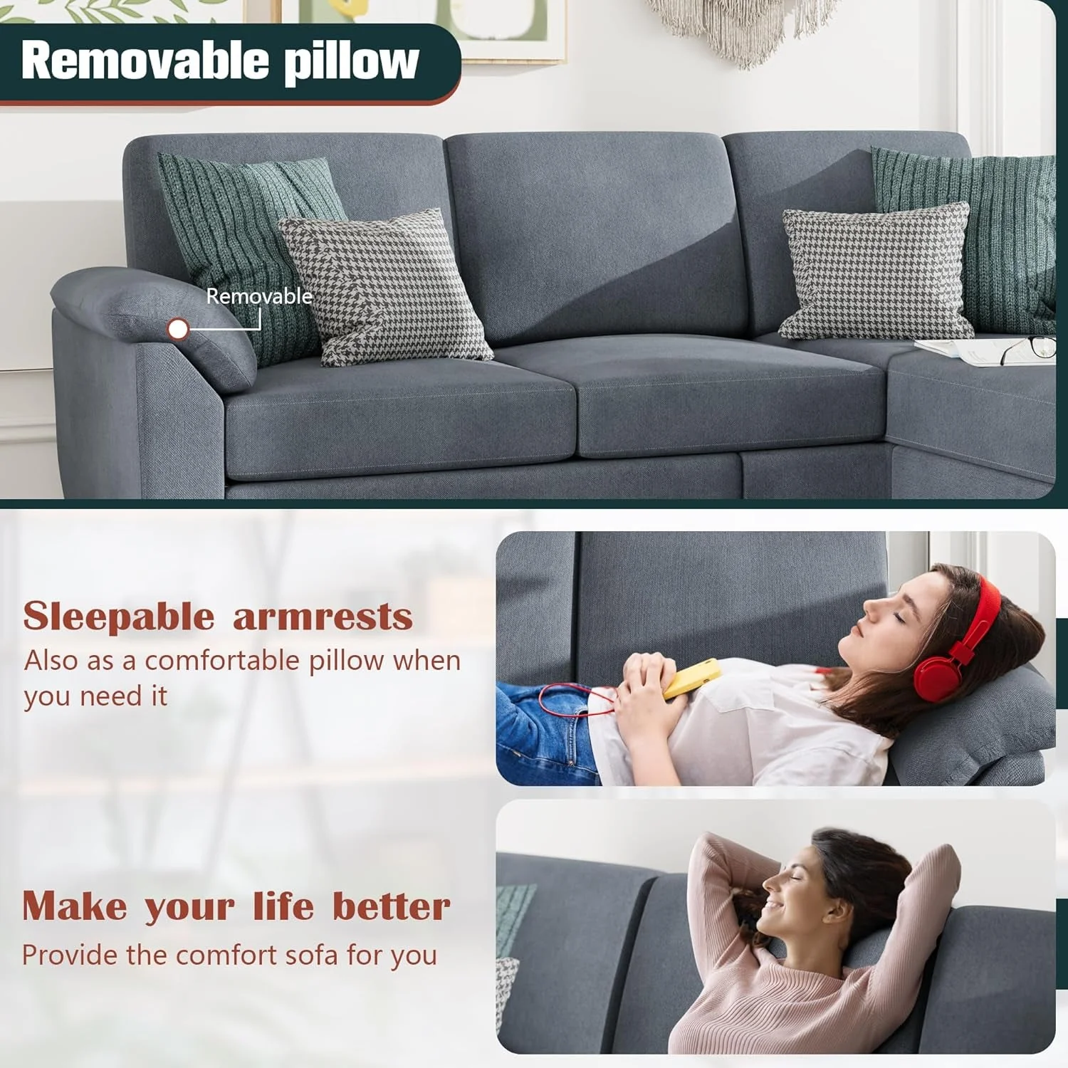 Gray Linen Sectional Sofa with Pillows - Image 4