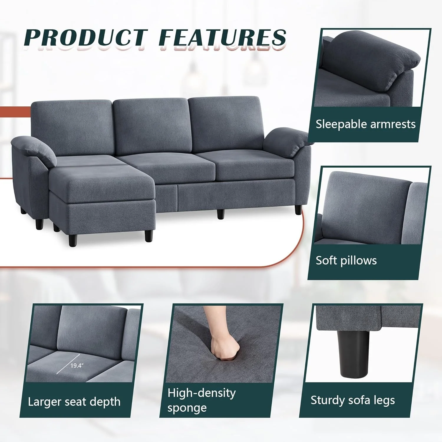 Gray Linen Sectional Sofa with Pillows - Image 6
