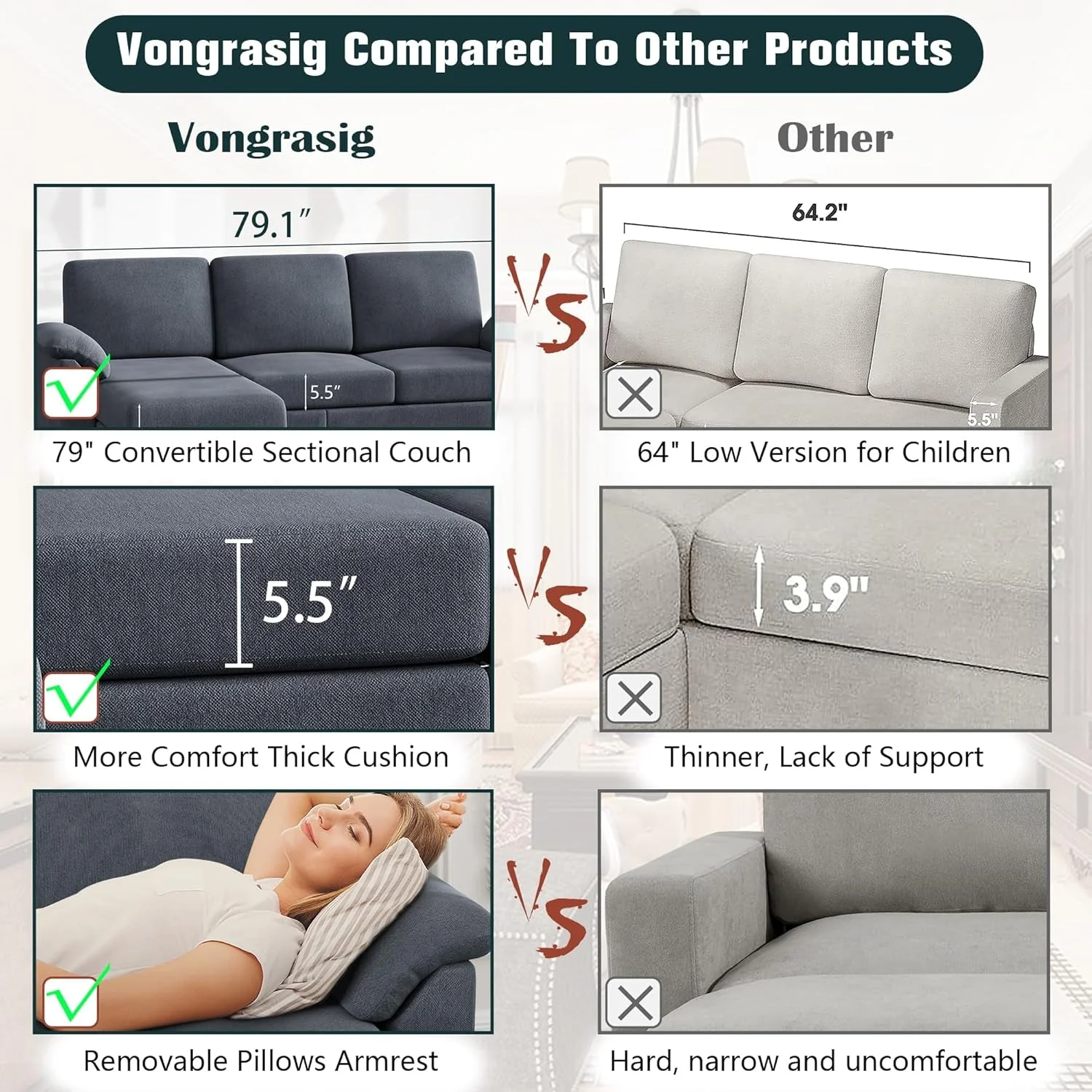 Gray Linen Sectional Sofa with Pillows - Image 7