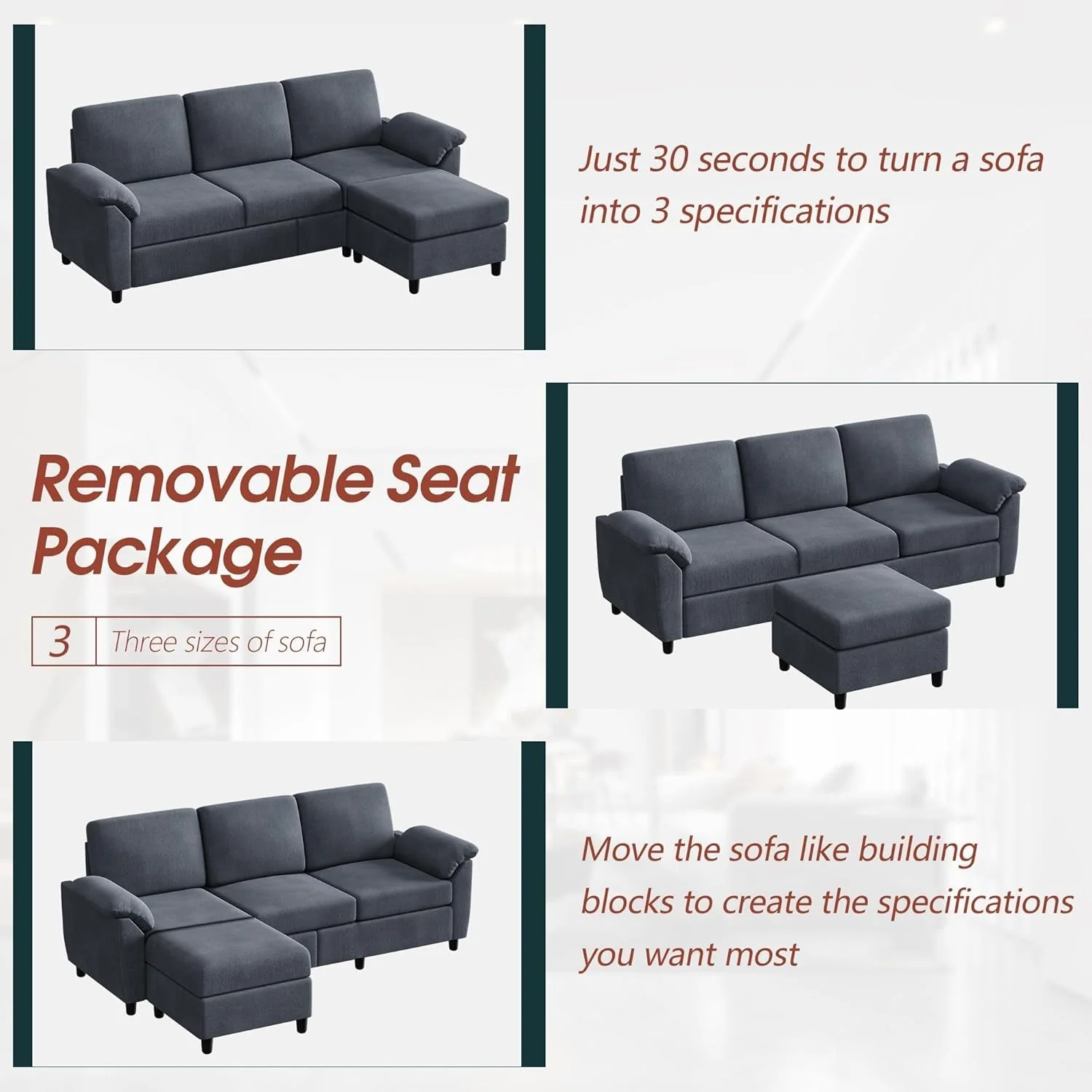Gray Linen Sectional Sofa with Pillows - Image 8