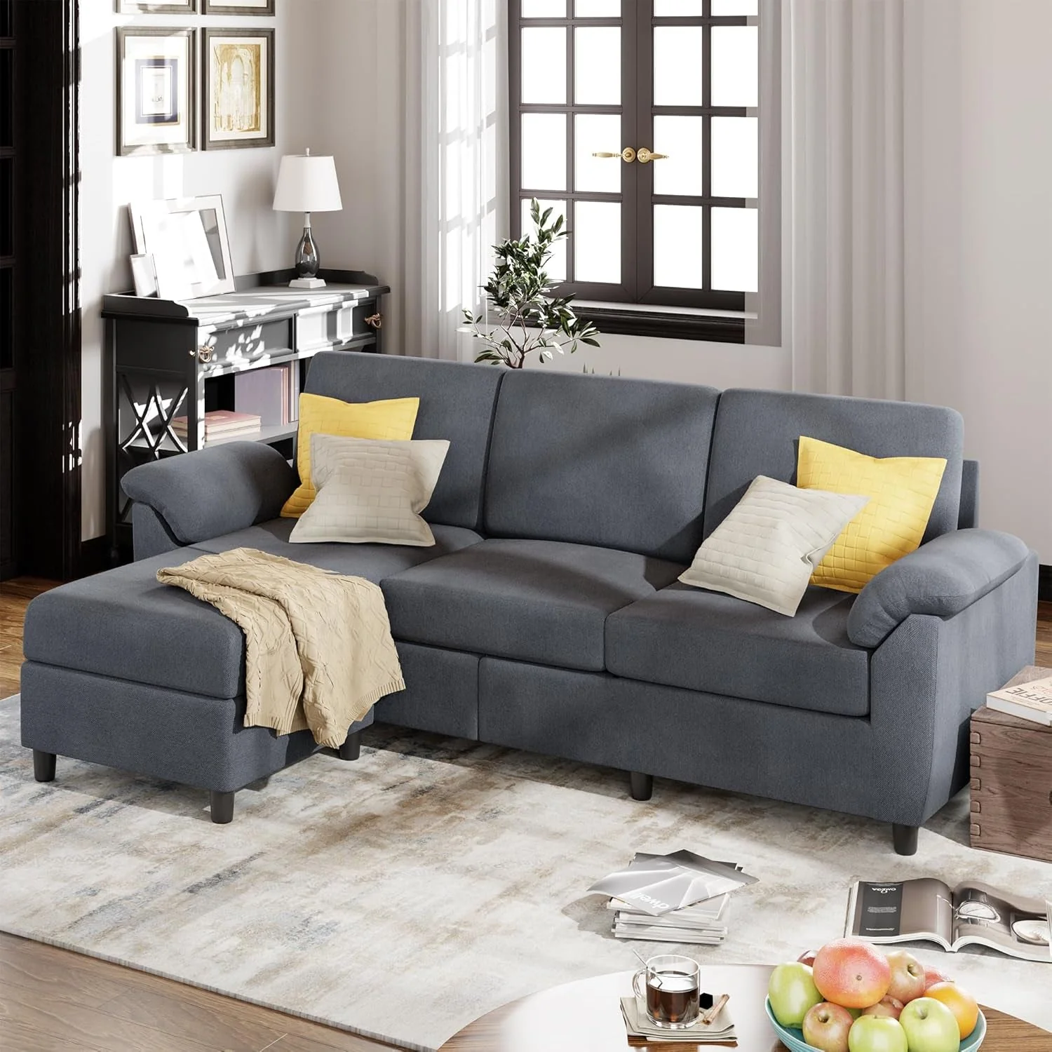 Gray Linen Sectional Sofa with Pillows - Image 9