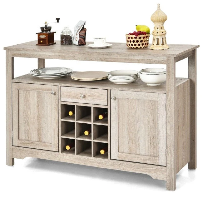Gray Oak Buffet Server 9 Bottle Wine Cabinet Console - Image 2