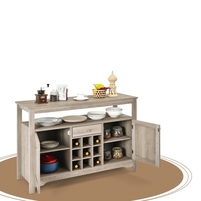 Gray Oak Buffet Server 9 Bottle Wine Cabinet Console - Image 3