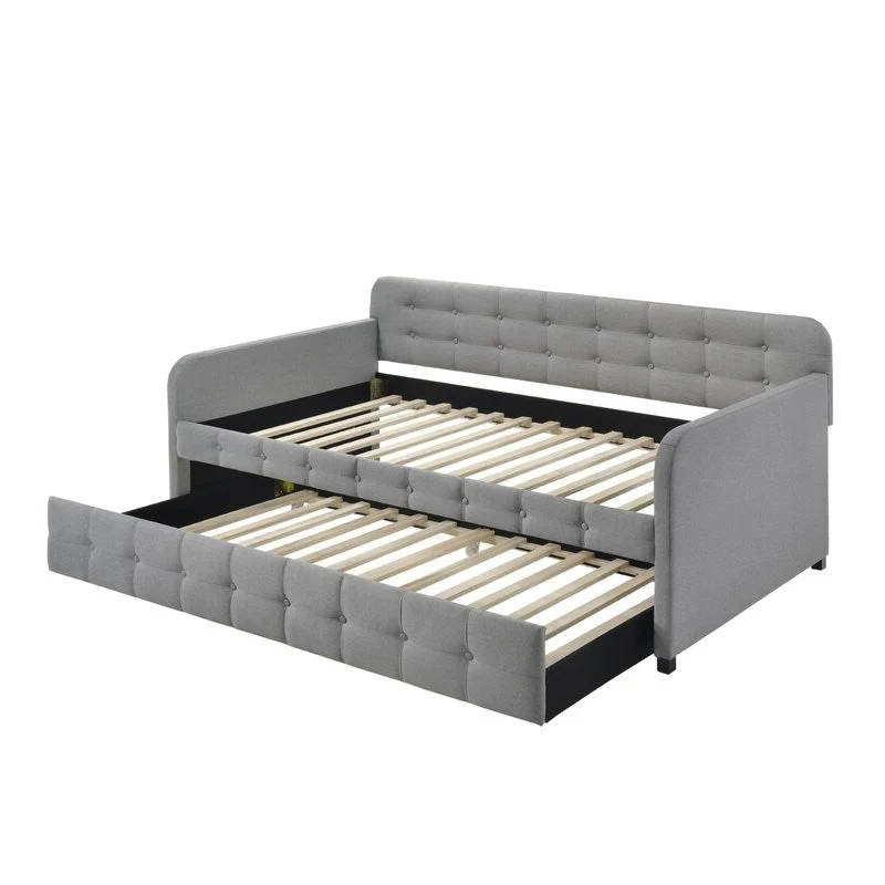 Gray Tufted Polyester Linen Twin Daybed with Trundle - Image 5