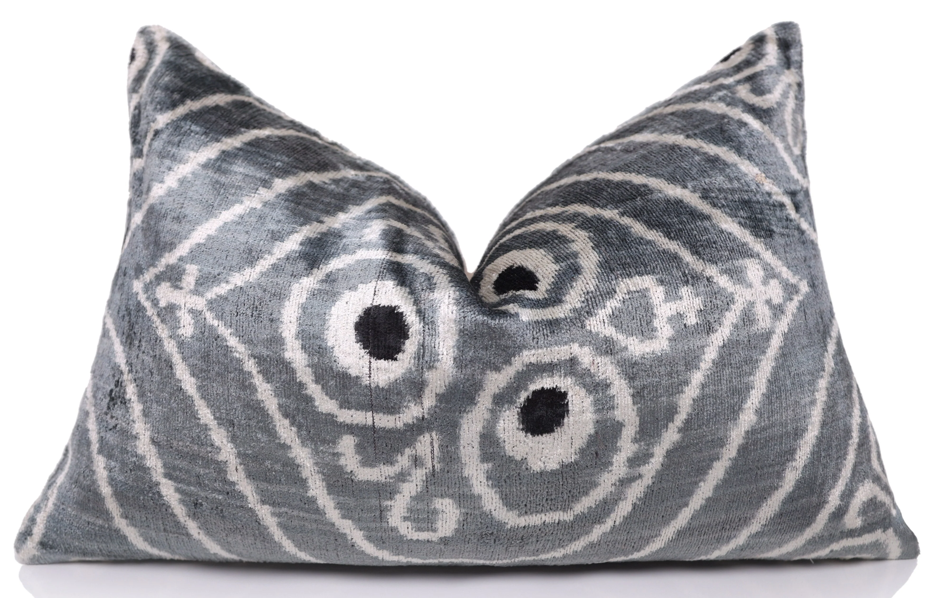 Gray & White Silk Velvet Ikat Lumbar Pillow 16x24 – Handmade - Image 4
