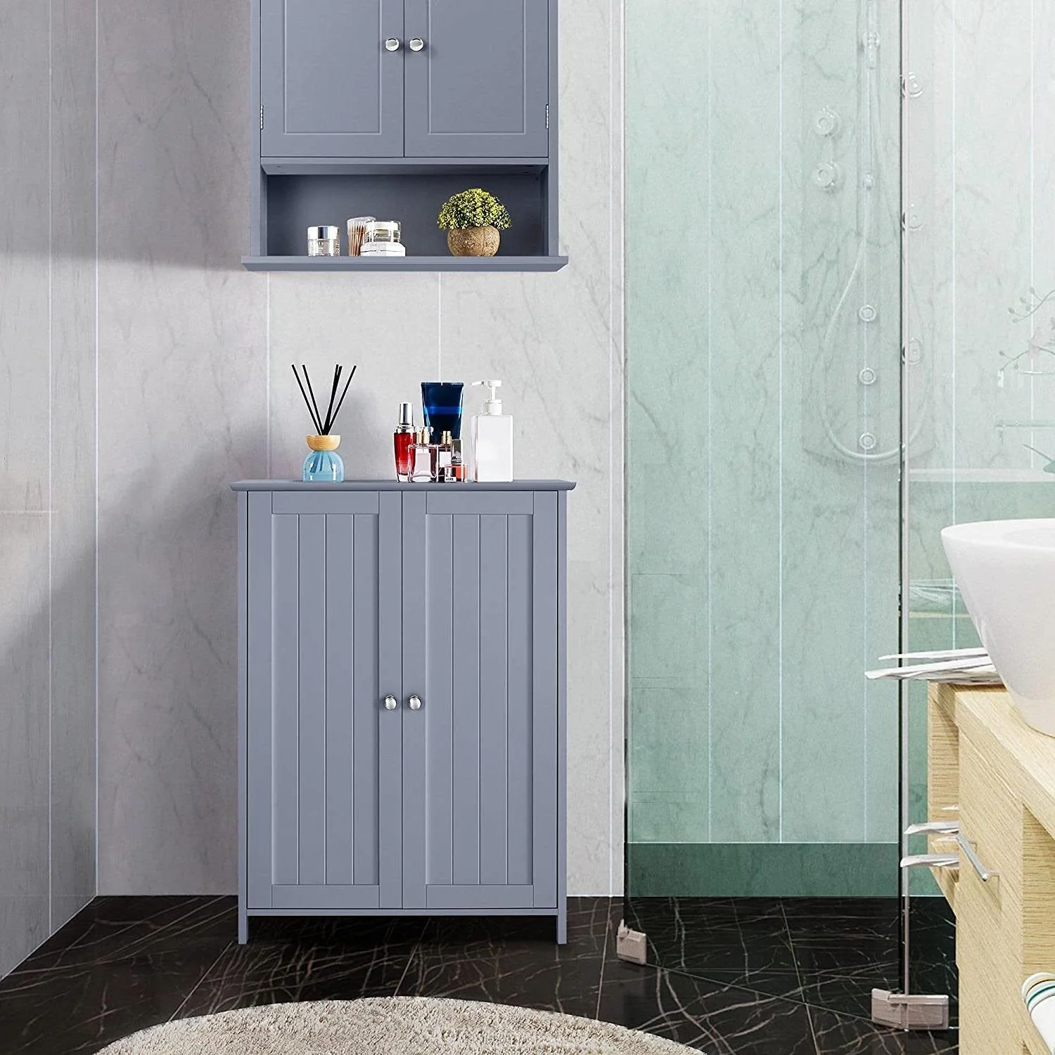 Gray Wood 2-Door Freestanding Bathroom Floor Cabinet Kitchen Storage Cupboard - Image 2