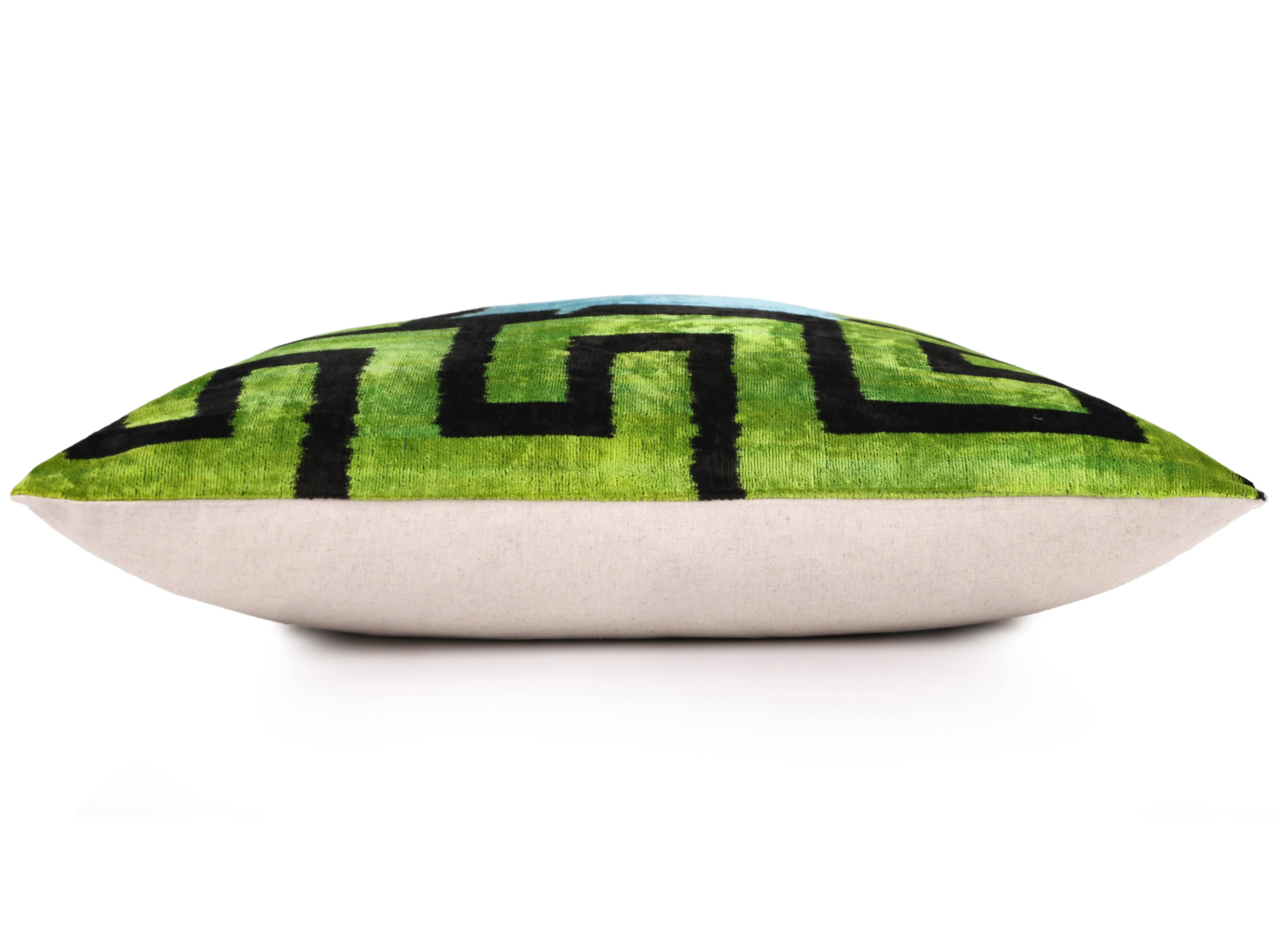 Greek Key Velvet Pillow in Green & Blue – Handmade 24x24 Inch Square - Image 3