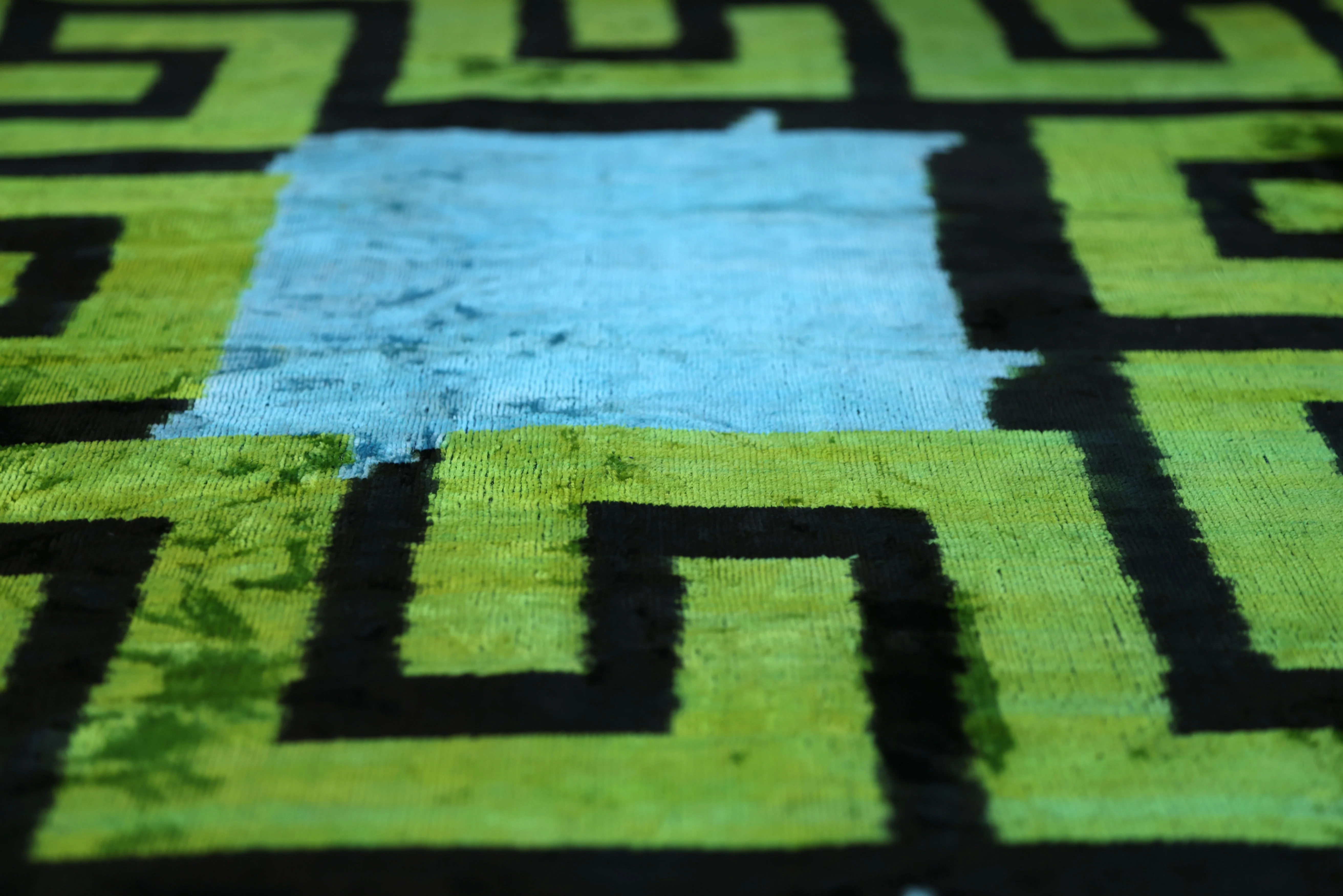 Greek Key Velvet Pillow in Green & Blue – Handmade 24x24 Inch Square - Image 4