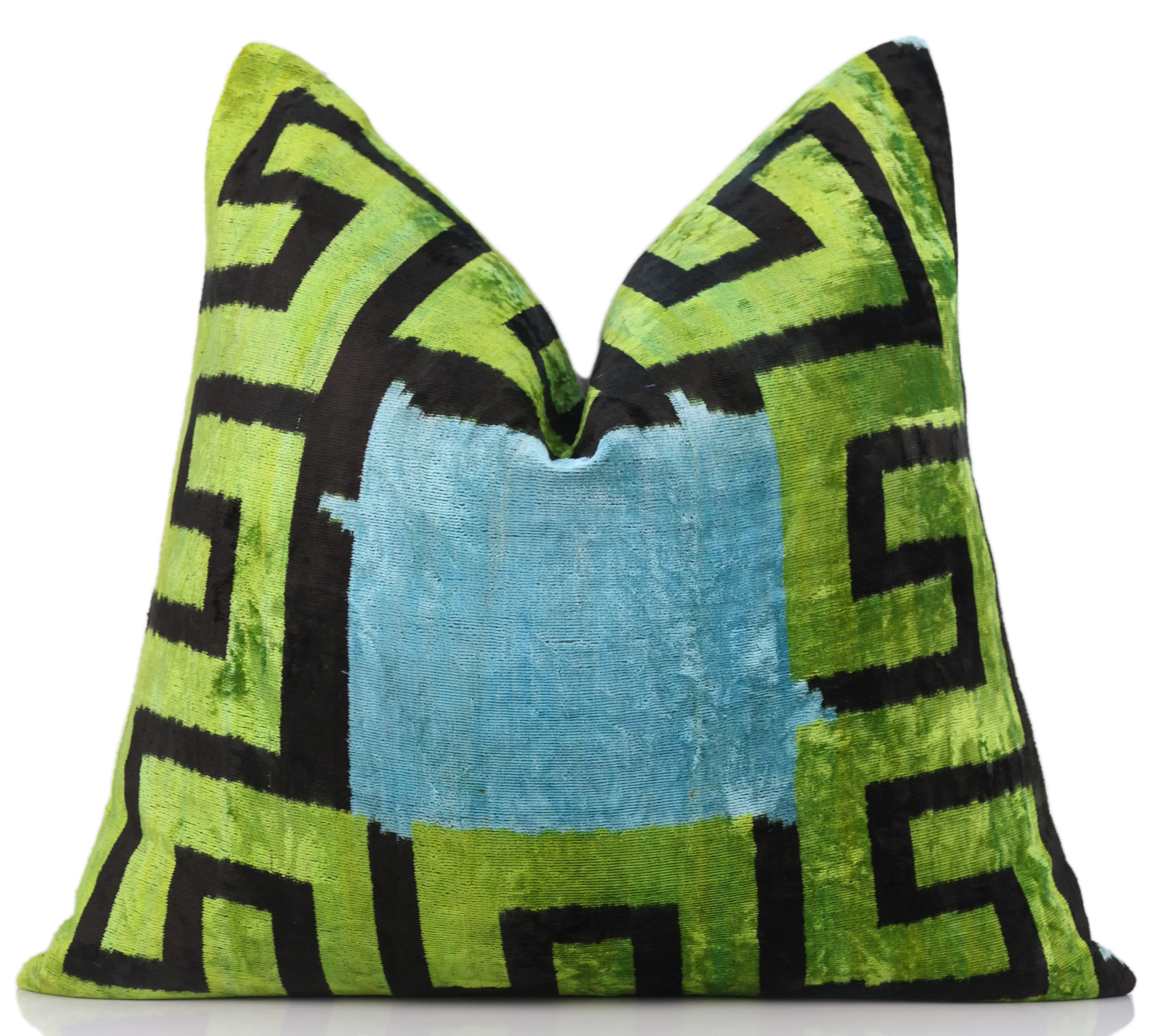 Greek Key Velvet Pillow in Green & Blue – Handmade 24x24 Inch Square - Image 5