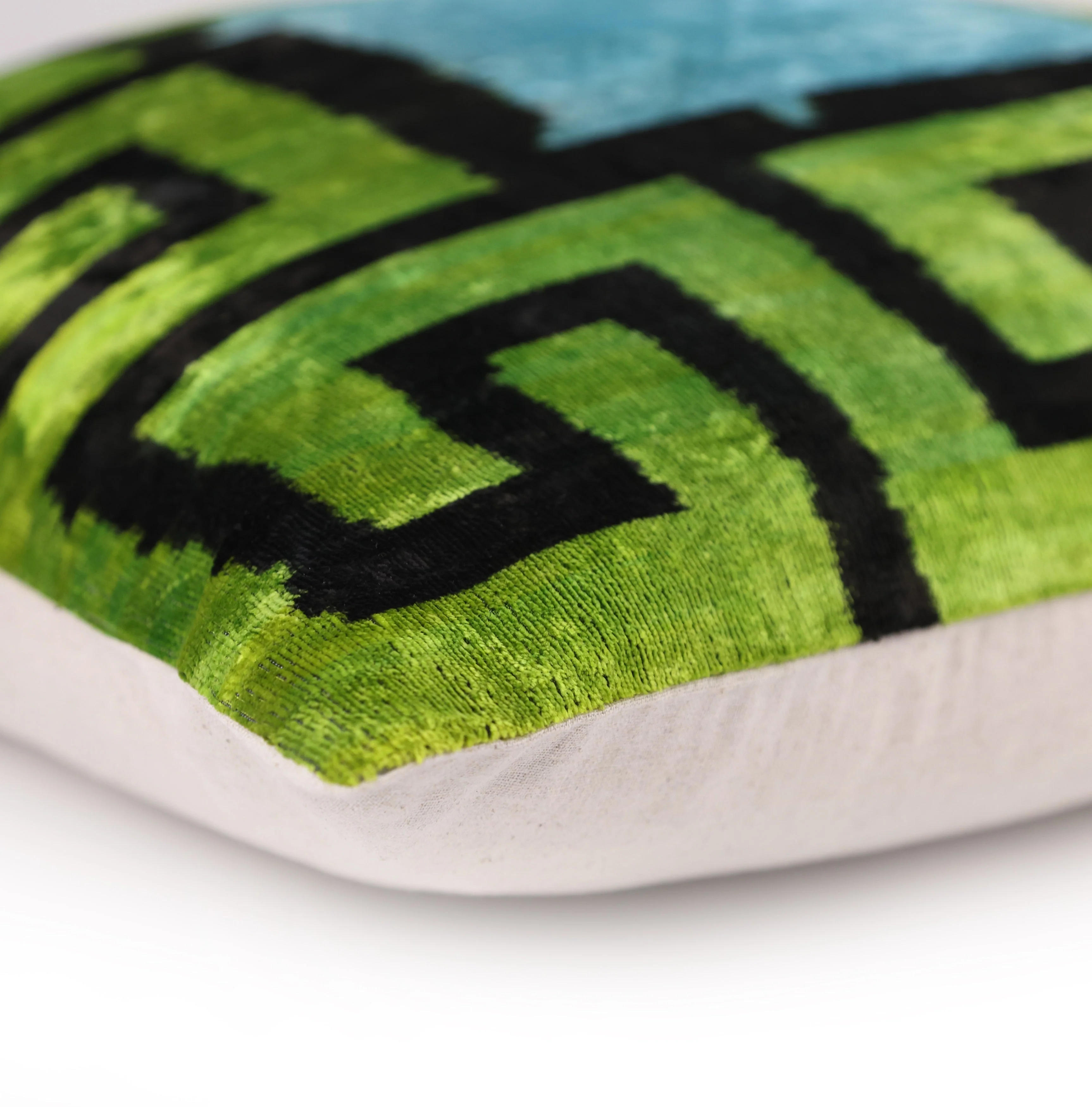 Greek Key Velvet Pillow in Green & Blue – Handmade 24x24 Inch Square - Image 8