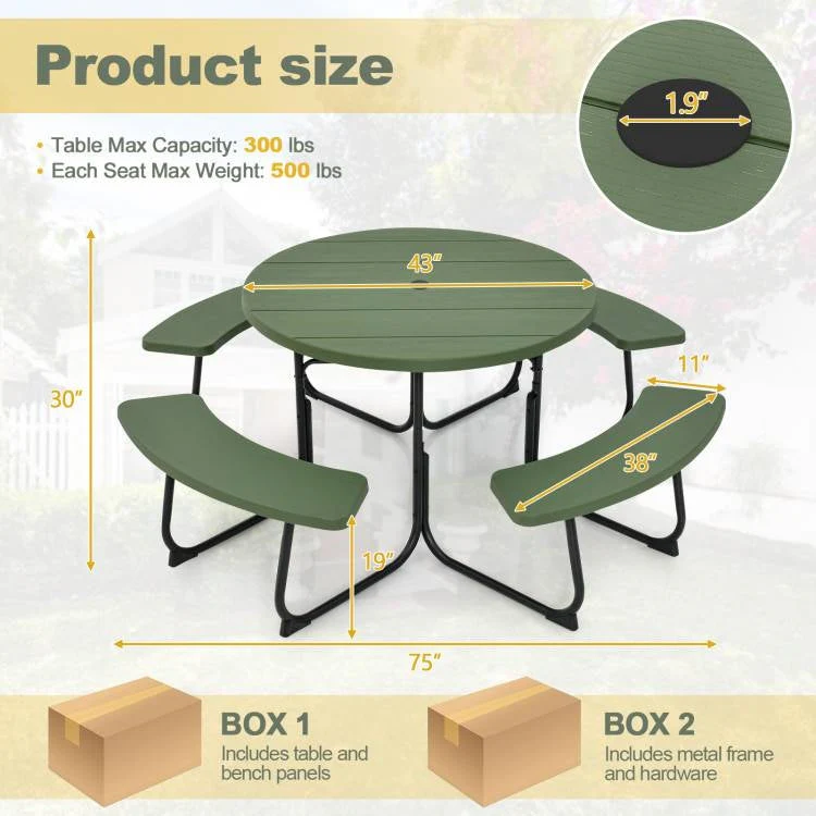 Green All Weather 8 Seater Picnic Table Umbrella Hole - Image 3