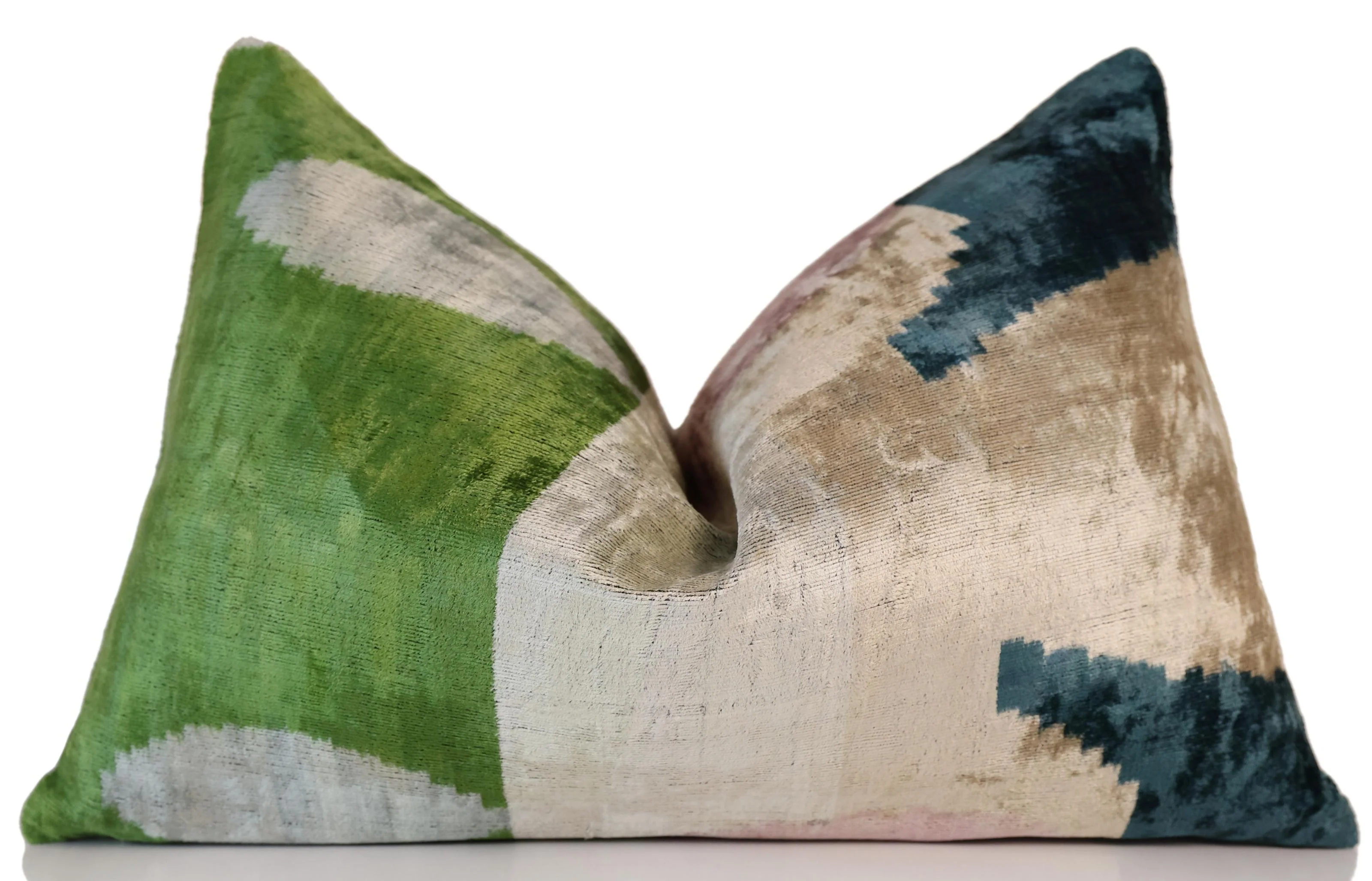 Green and Beige Abstract Silk Velvet Pillow 16x24 Handmade Luxury Cushion - Image 5