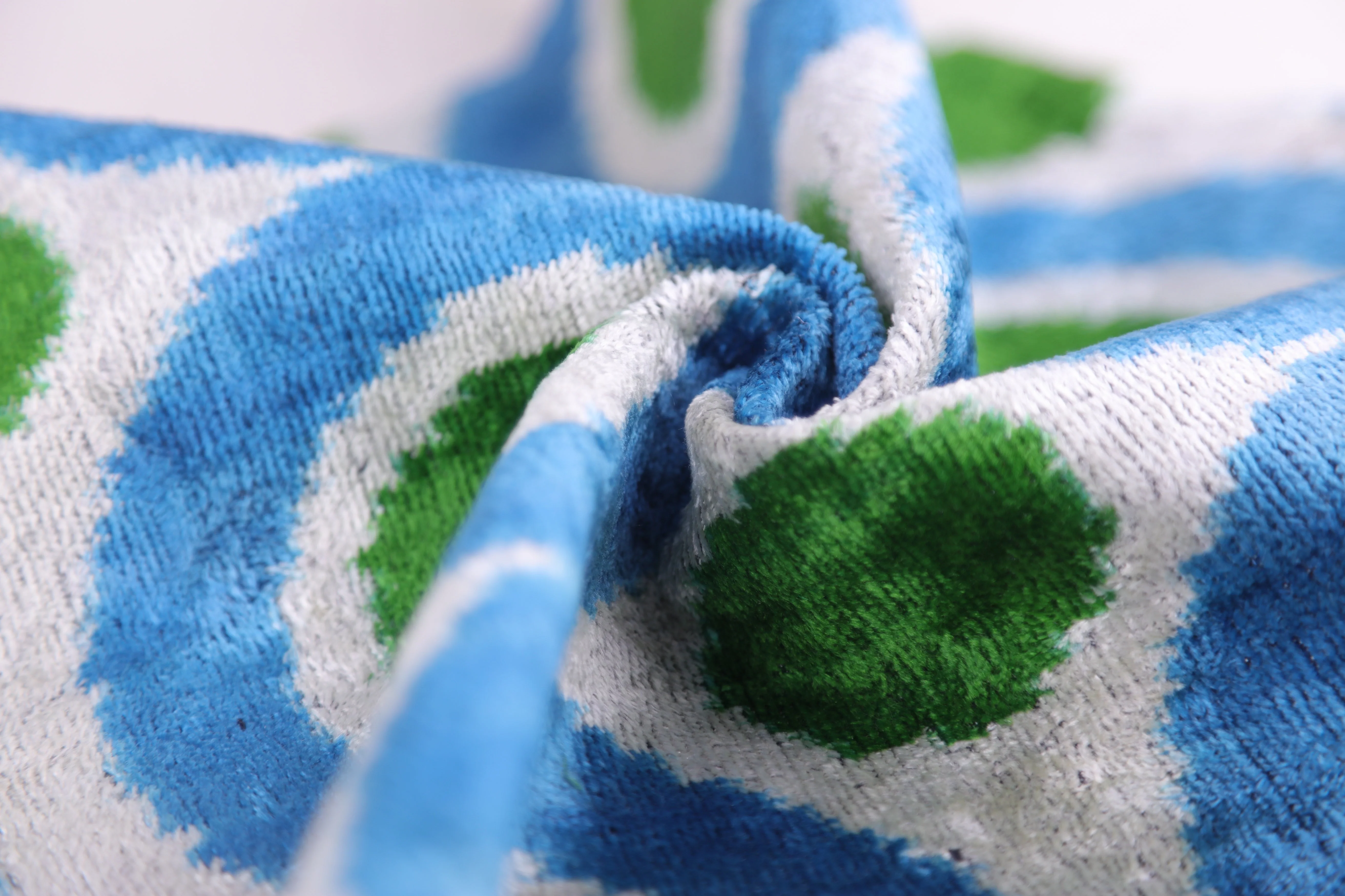 Green & Blue Retro Ikat Pillow – 16x16” Silk Velvet Handmade - Image 2
