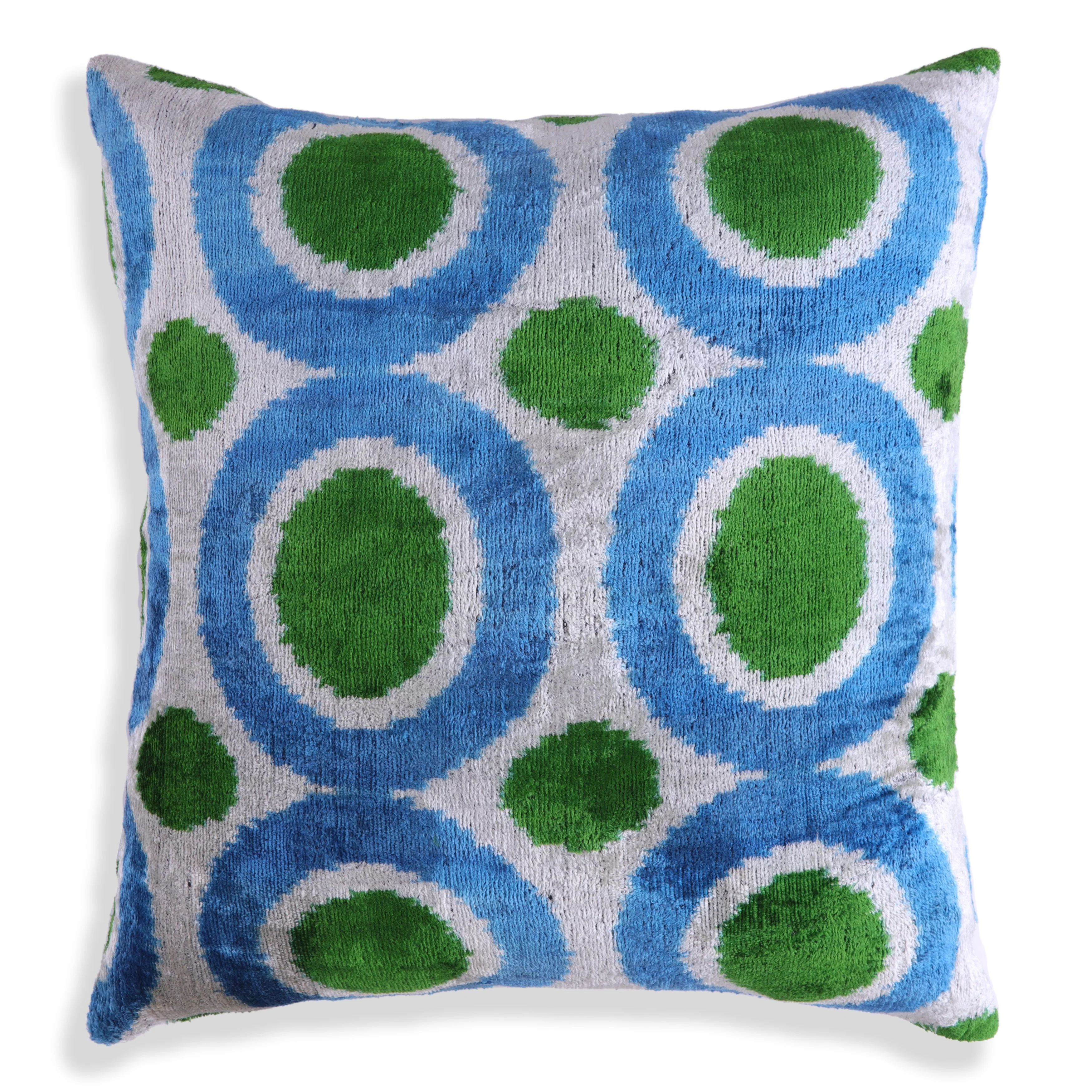 Green & Blue Retro Ikat Pillow – 16x16” Silk Velvet Handmade - Image 4