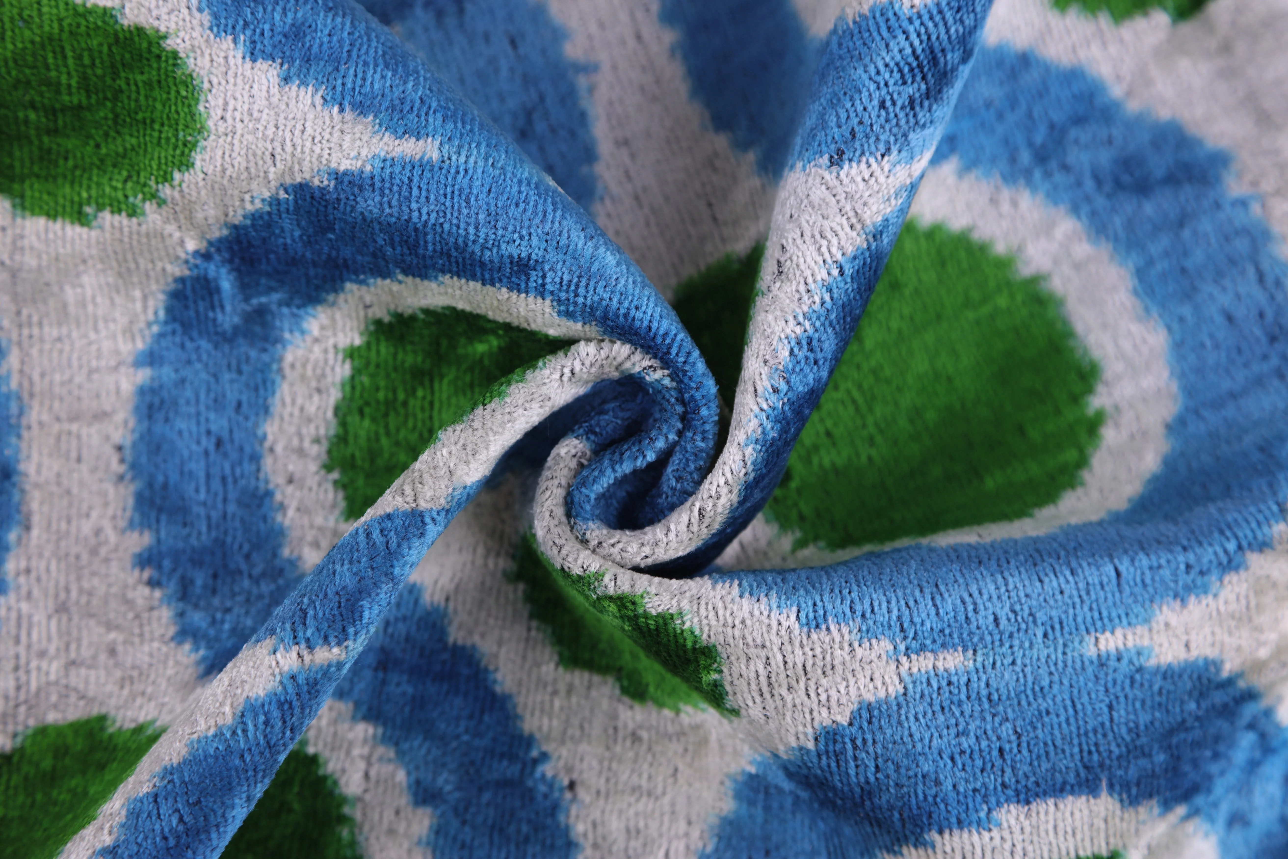 Green & Blue Retro Ikat Pillow – 16x16” Silk Velvet Handmade - Image 6