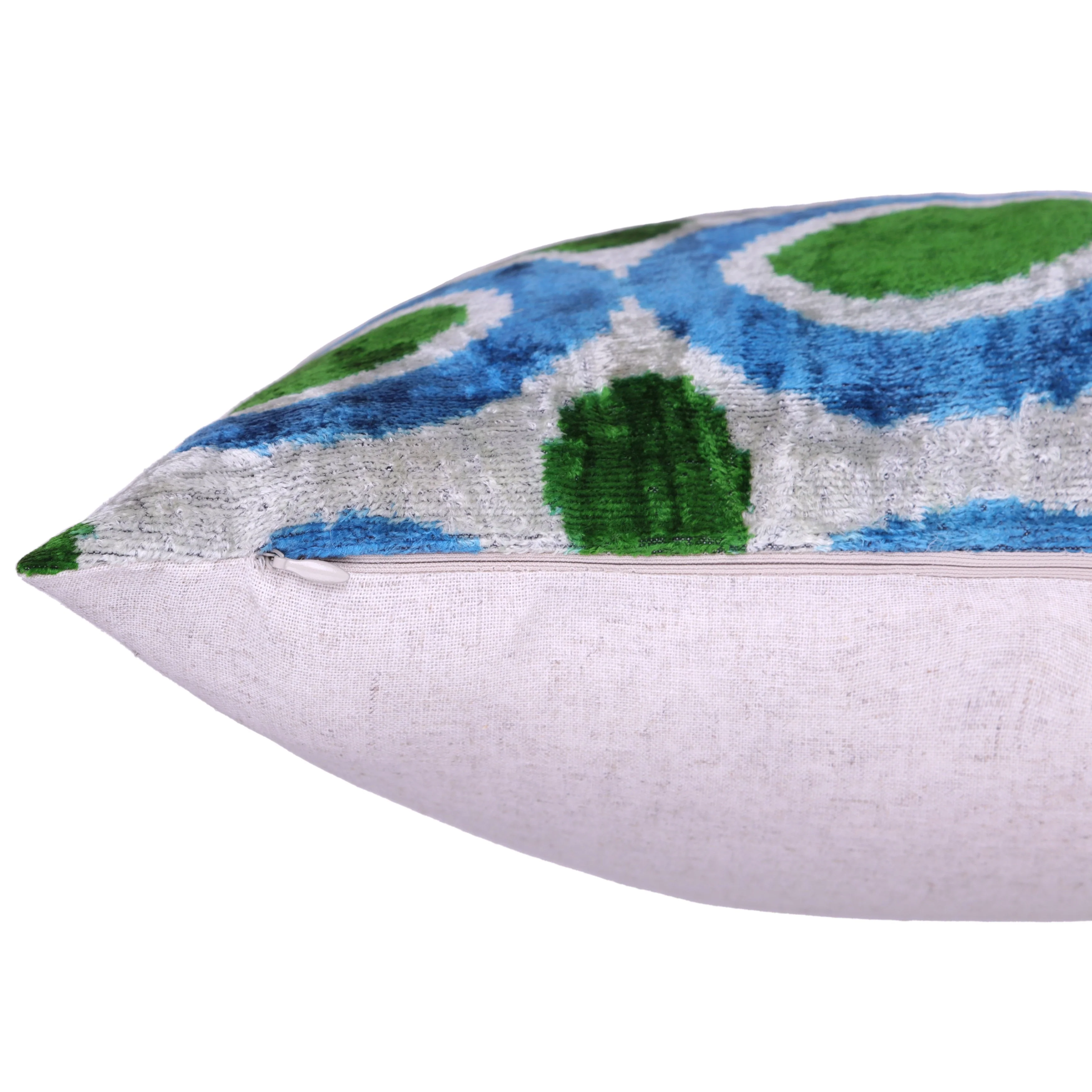 Green & Blue Retro Ikat Pillow – 16x16” Silk Velvet Handmade - Image 7