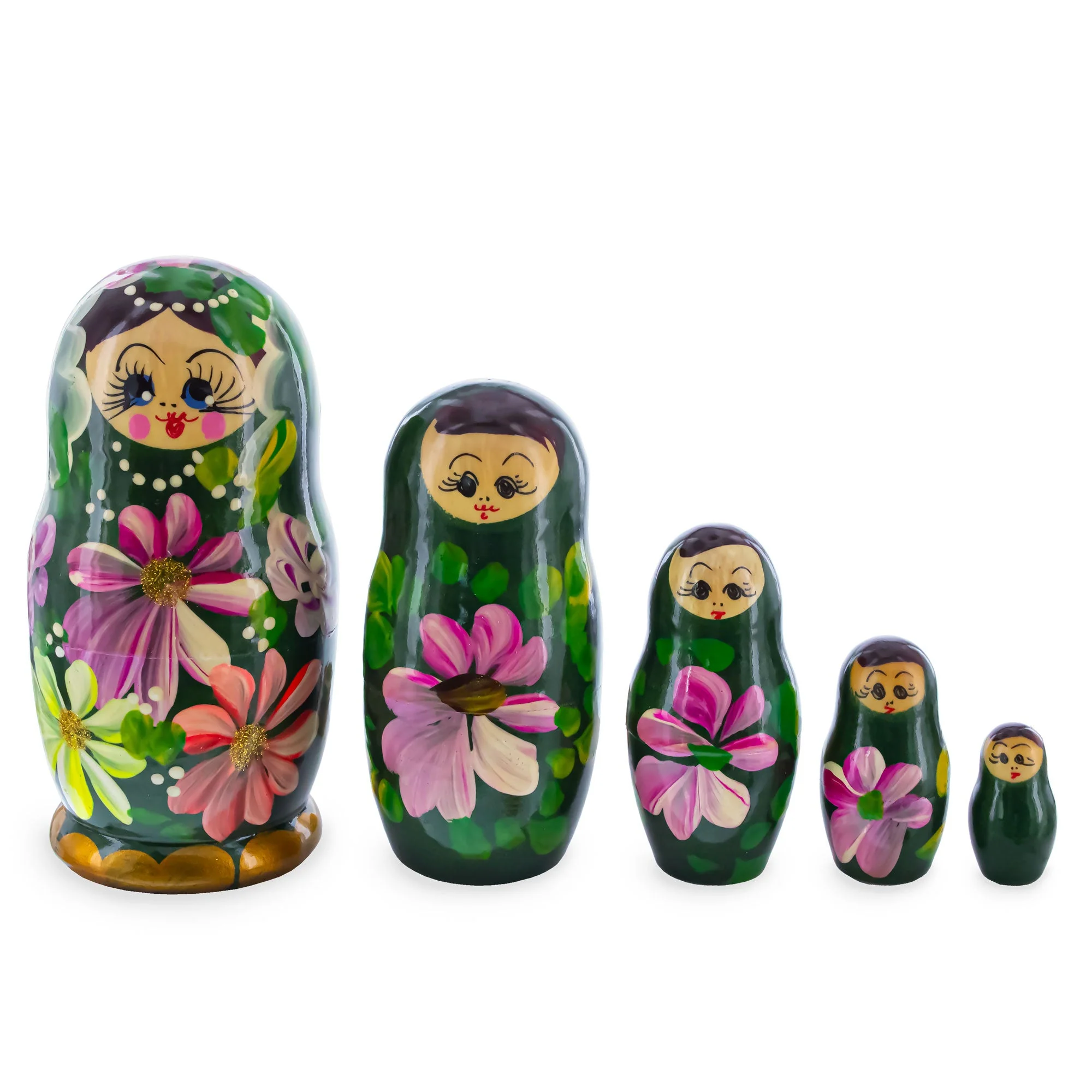 Green Color with Flowers Wooden Nesting Dolls