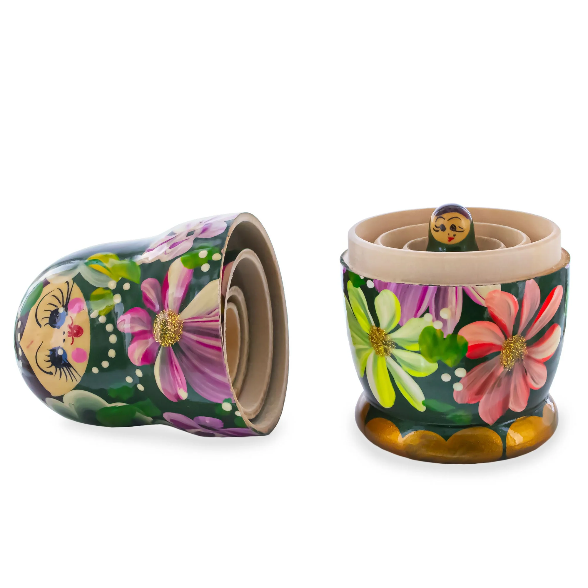 Green Color with Flowers Wooden Nesting Dolls - Image 2