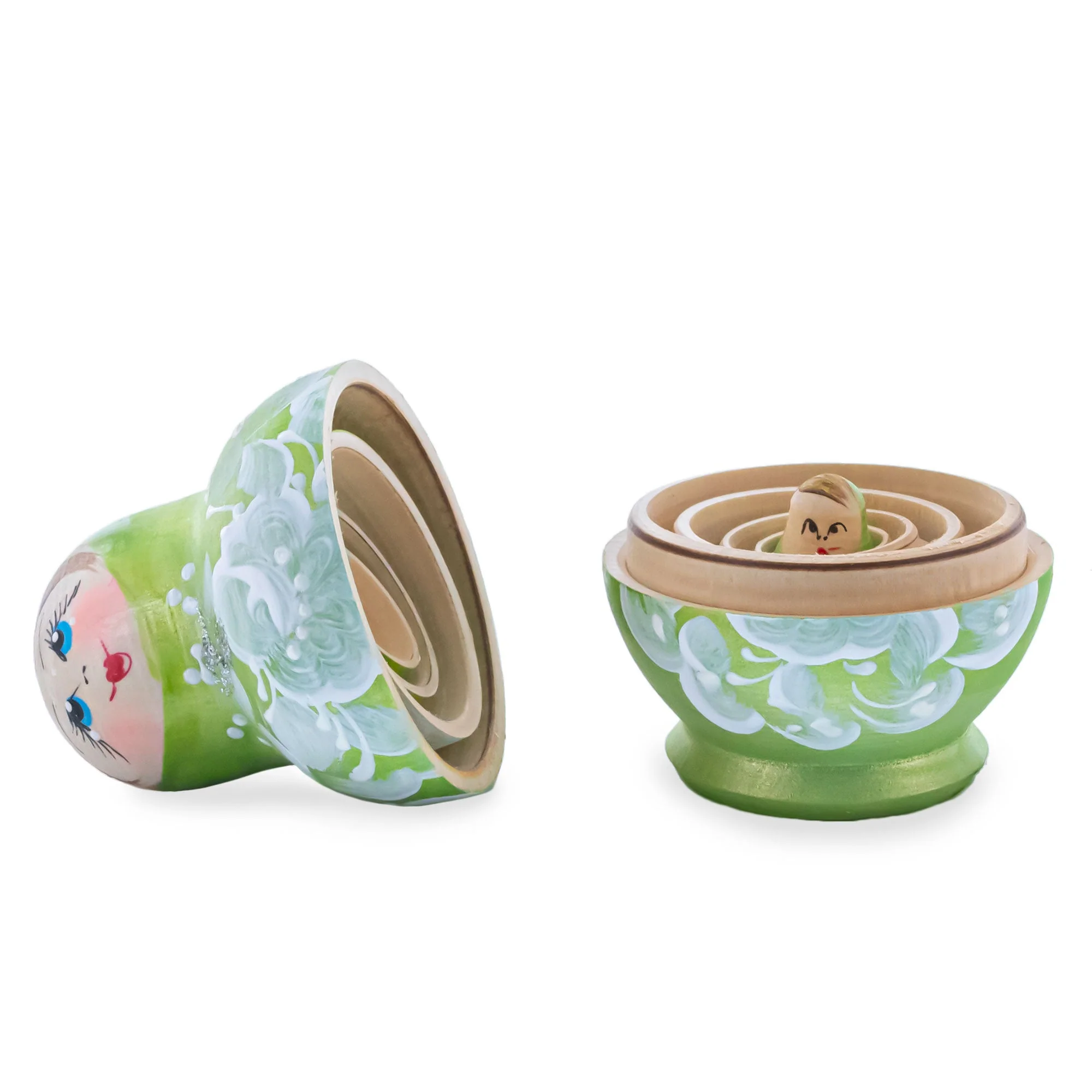 Green Color with White Flowers Wooden  Nesting Dolls - Image 3