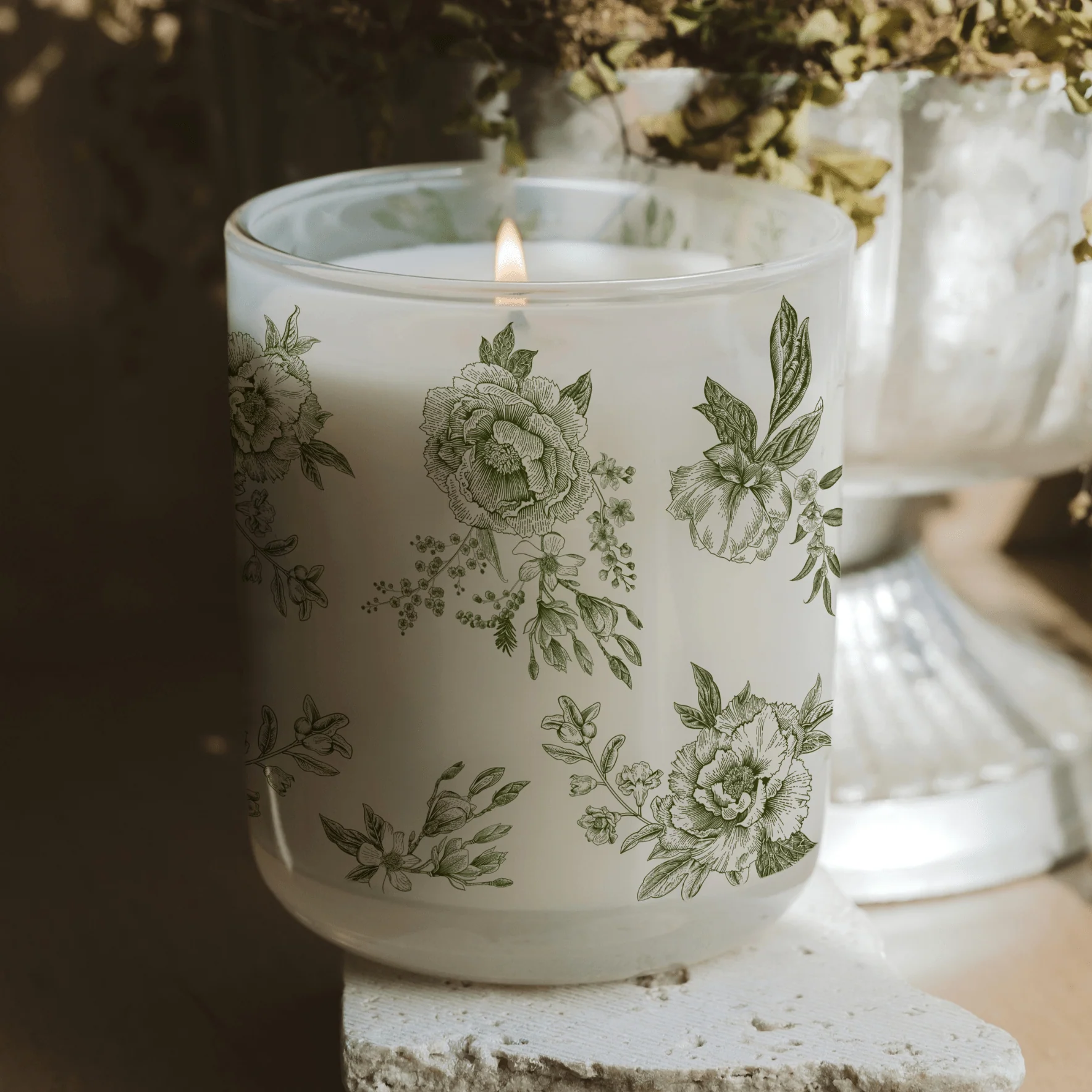 Green Floral Soy Candle - White Translucent Tinted Glass Jar - 12 oz (Lavender and Sage) - Image 3