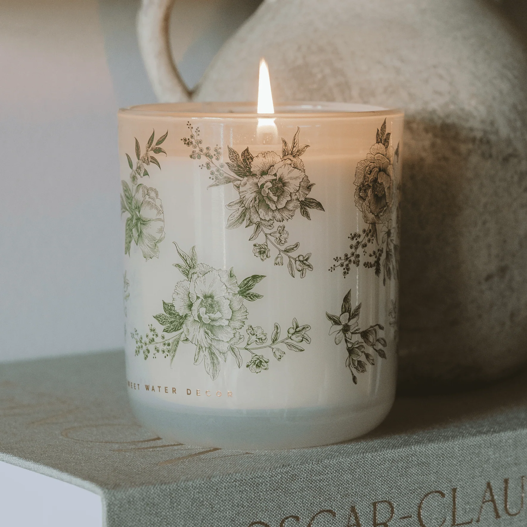 Green Floral Soy Candle - White Translucent Tinted Glass Jar - 12 oz (Lavender and Sage) - Image 4