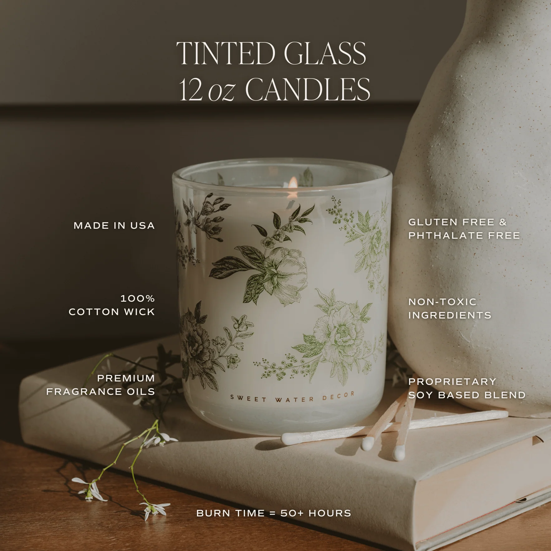 Green Floral Soy Candle - White Translucent Tinted Glass Jar - 12 oz (Lavender and Sage) - Image 6