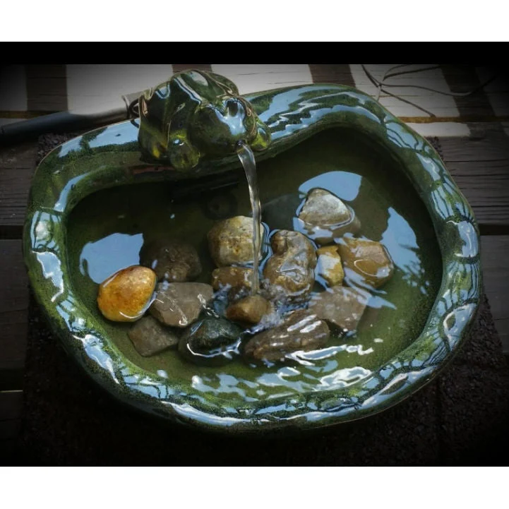 Green Glazed Ceramic Fountain Bird Bath with Frog and Solar Pump - Image 2