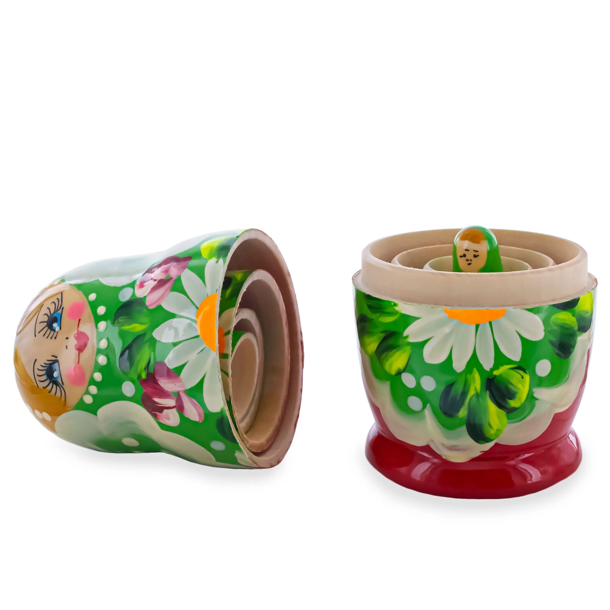 Green Hood with Gold Flowers and Berries Wooden  Nesting Dolls - Image 3