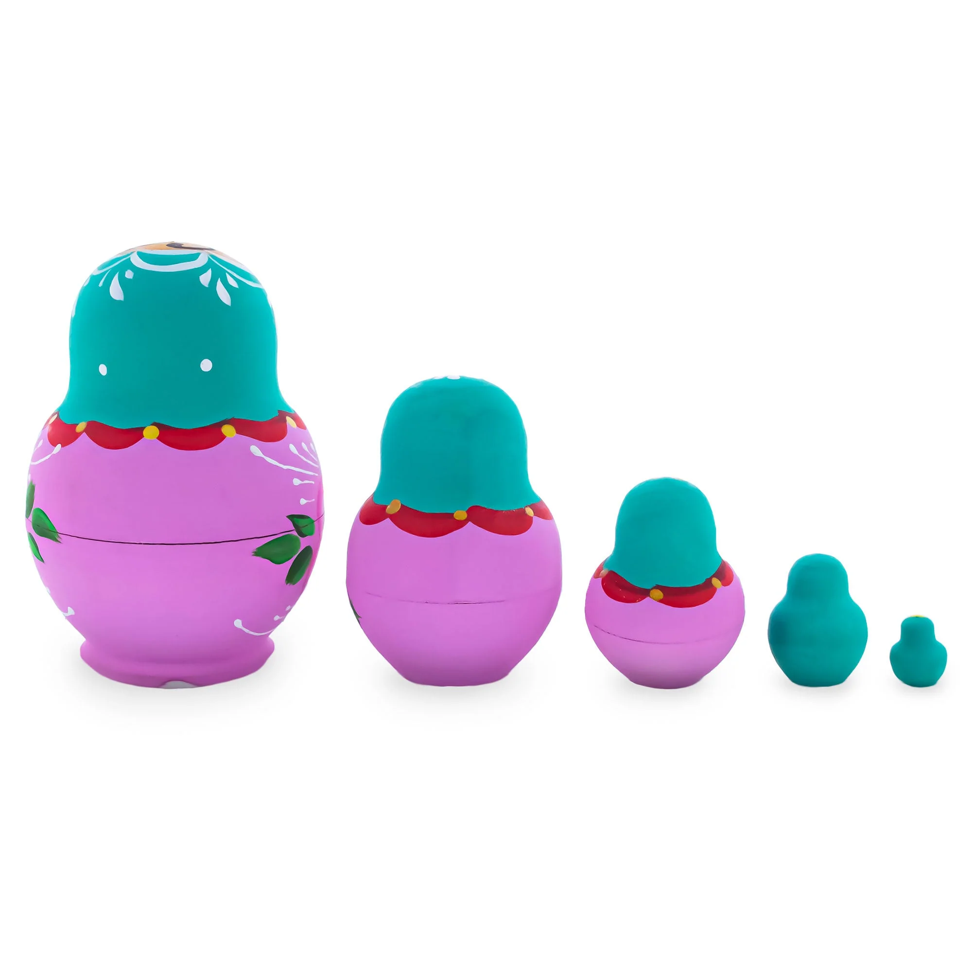 Green Hood with Pink Flower Pink Wooden  Nesting Dolls - Image 2