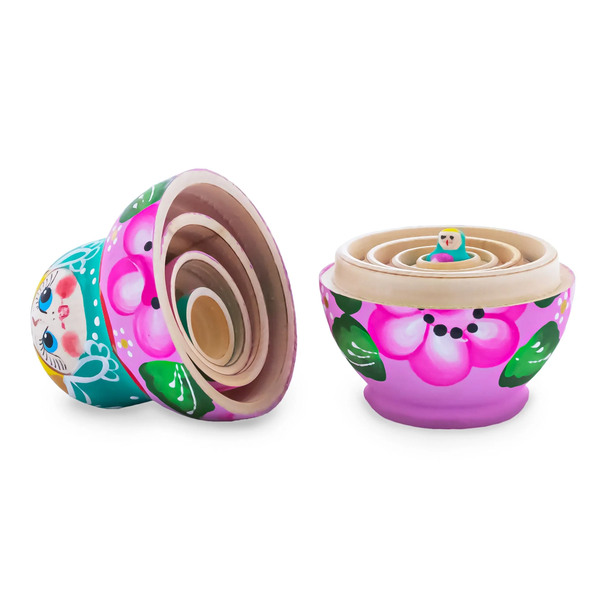 Green Hood with Pink Flower Pink Wooden  Nesting Dolls - Image 3