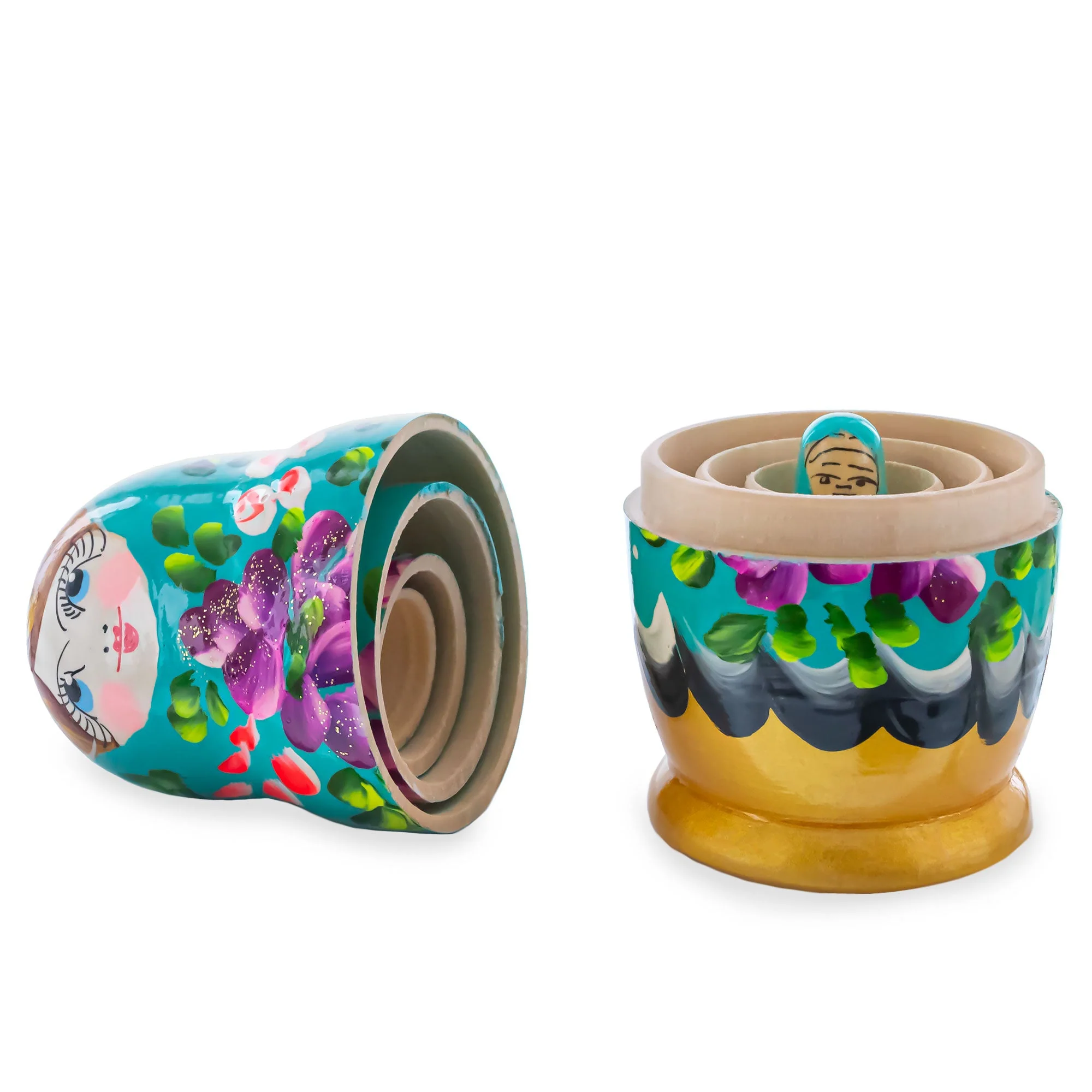 Green Hood with Purple and Orange Flowers Wooden  Nesting Dolls - Image 2