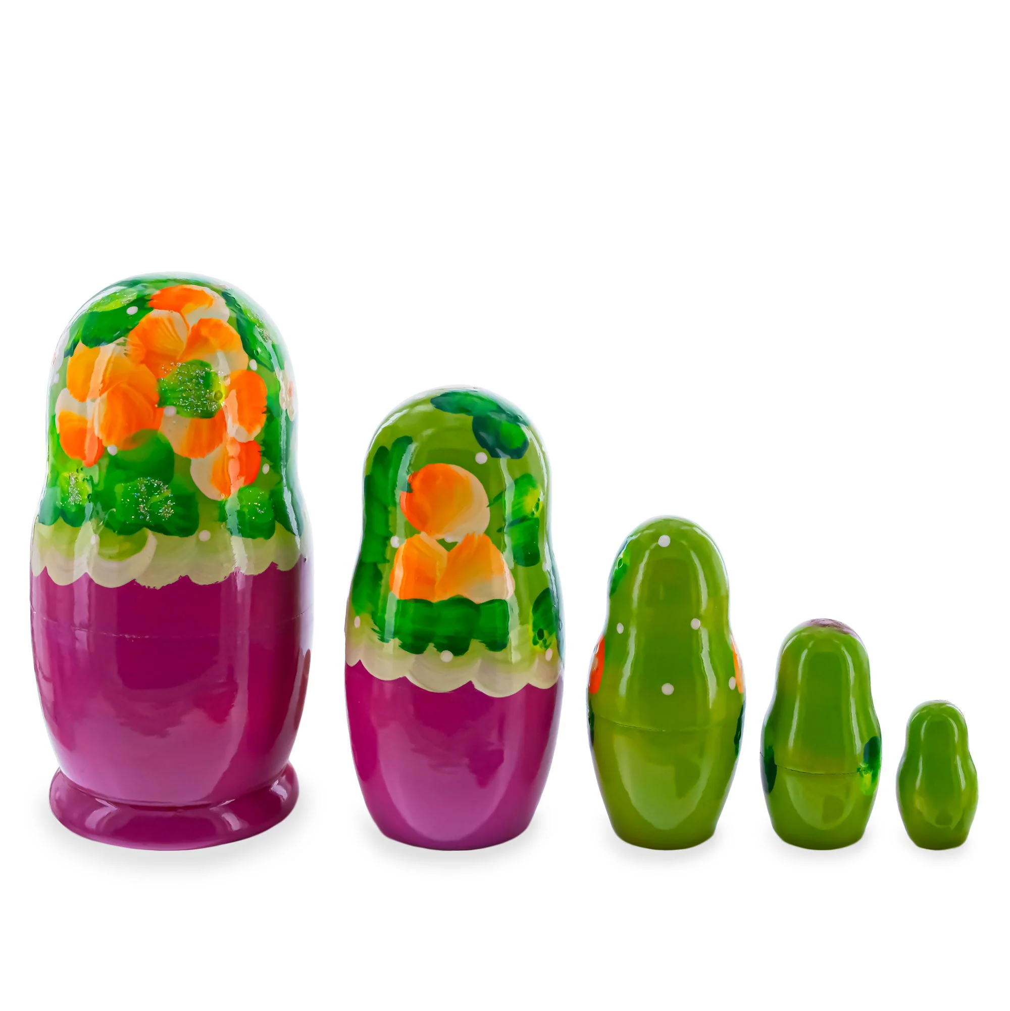 Green Hood with Purple and White Flowers Wooden  Nesting Dolls - Image 2
