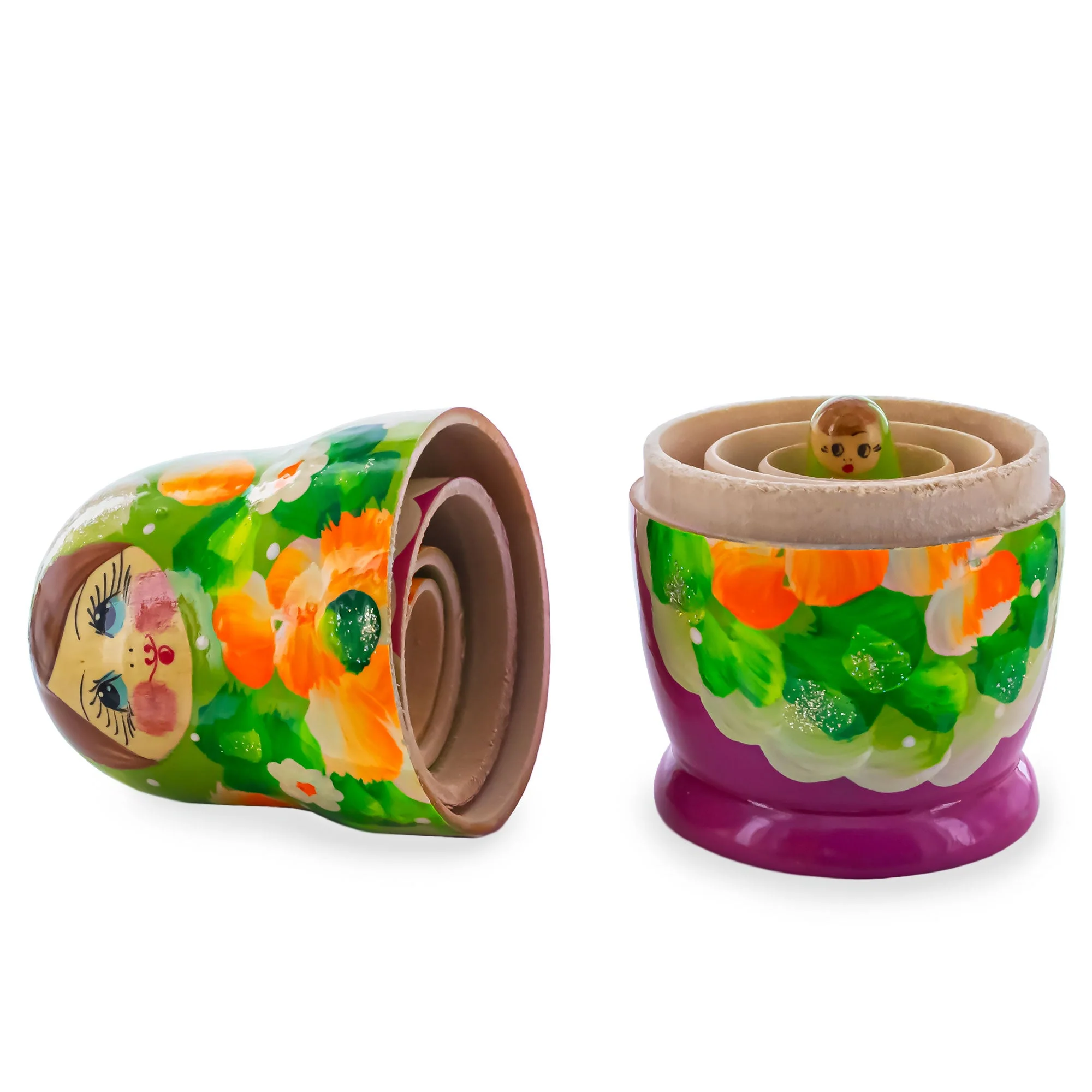 Green Hood with Purple and White Flowers Wooden  Nesting Dolls - Image 3