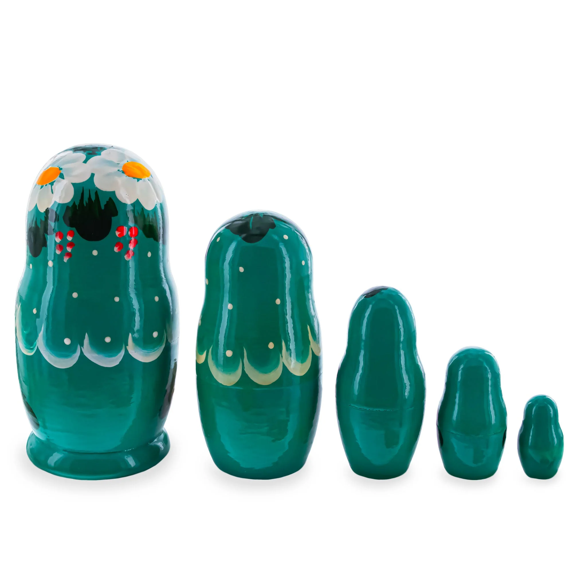 Green Hood with White Flowers Wooden  Nesting Dolls - Image 2