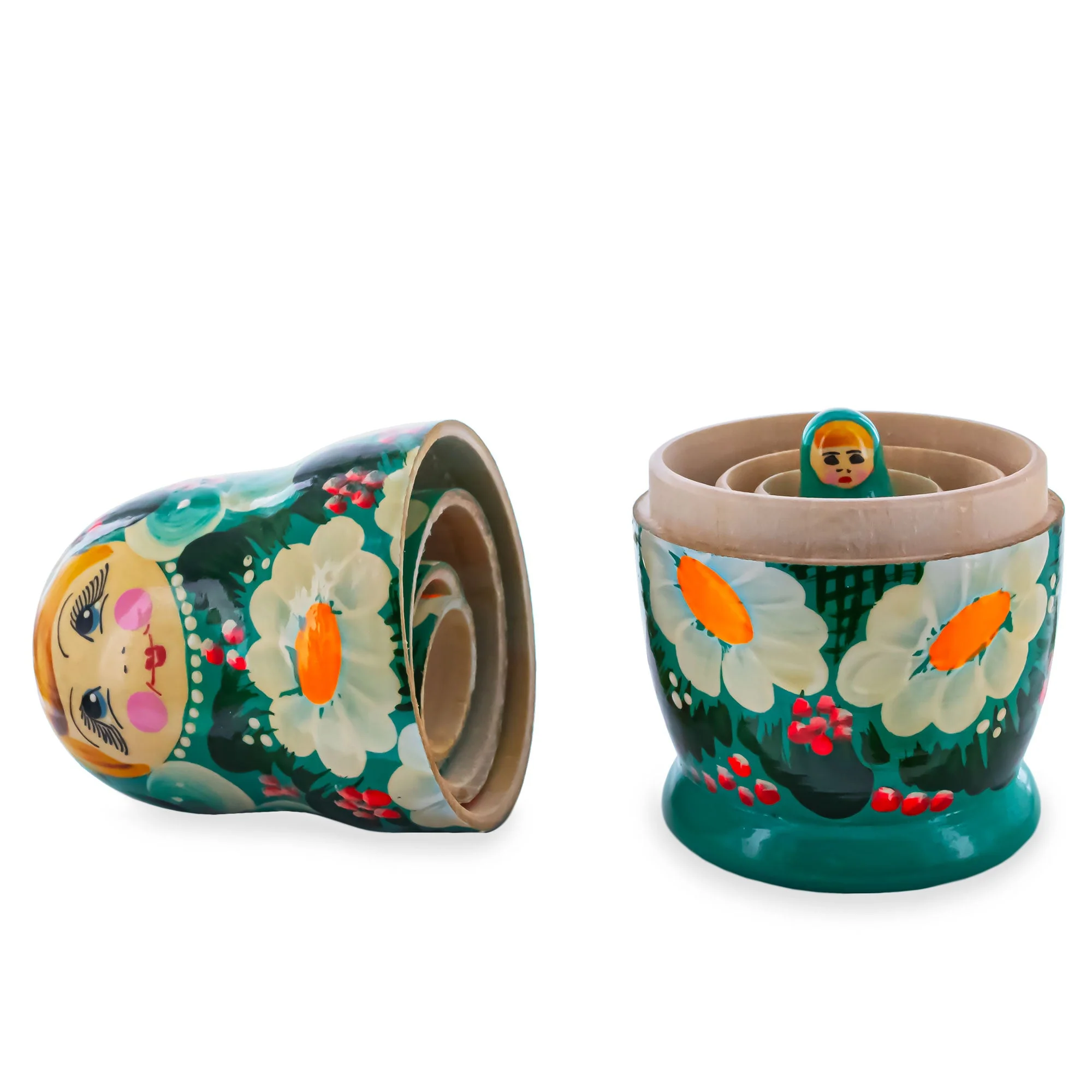 Green Hood with White Flowers Wooden  Nesting Dolls - Image 3