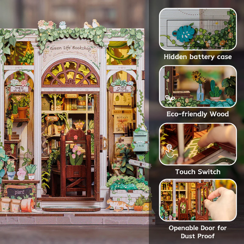Green Life Bookshop Dollhouse Kit - Miniature Wizardi Roombox Kit with LED Light F07M51-88-CWGC203 - Image 3
