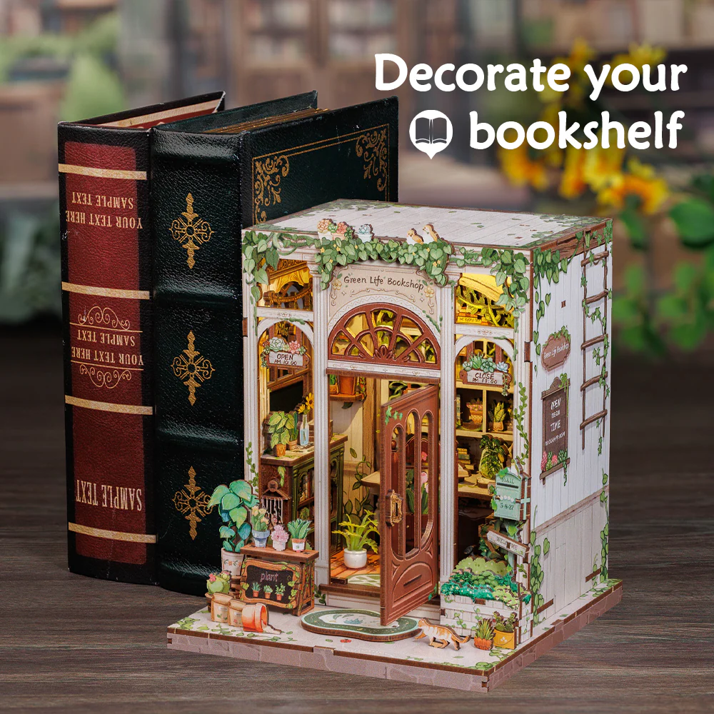 Green Life Bookshop Dollhouse Kit - Miniature Wizardi Roombox Kit with LED Light F07M51-88-CWGC203 - Image 4
